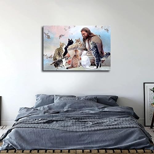 Miniatura 2 de Póster de Jesús Cristiano Dios rodeado de gatos, ángeles para personas que aman a los gatos, lienzo estético, arte de pared, sala de estar,