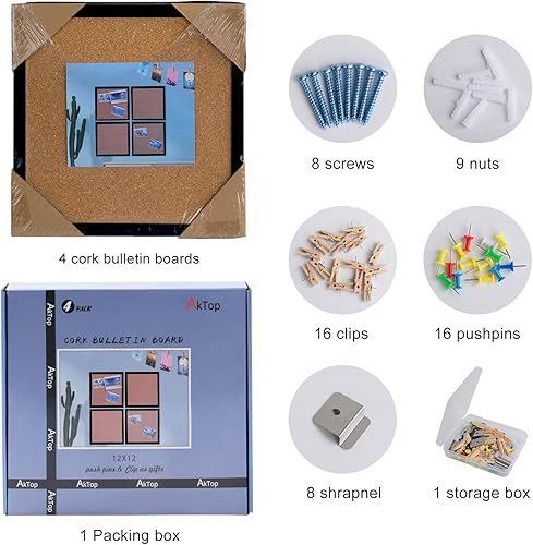 Miniatura 7 de AkTop Tablero de anuncios de corcho de 12 x 12 pulgadas, tablero de corcho enmarcado negro, paquete de 4 unidades, pequeño tablero cuadrado para