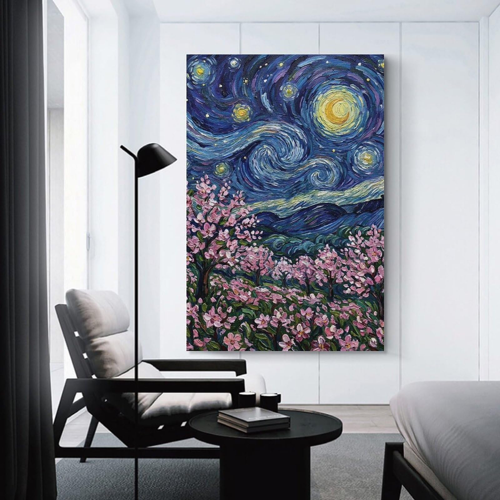 Junmoney Canvas Wall Picture Starry Night with Cherry Blossoms Painting, 24x36inch(60x90cm), for Calm Bedrooms, Home Corners Or Flats, Decorative Wall Art for Cosy Rooms