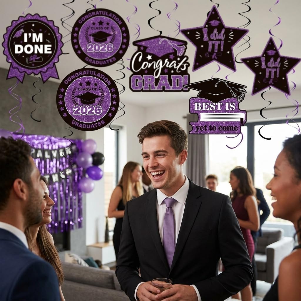 KALOR Graduation Decorations Hanging Swirls, 10 Pcs Purple and Black Class of 2026 Congrats Grad Hanging Swirl for 2026 Graduation Party Supplies image 5