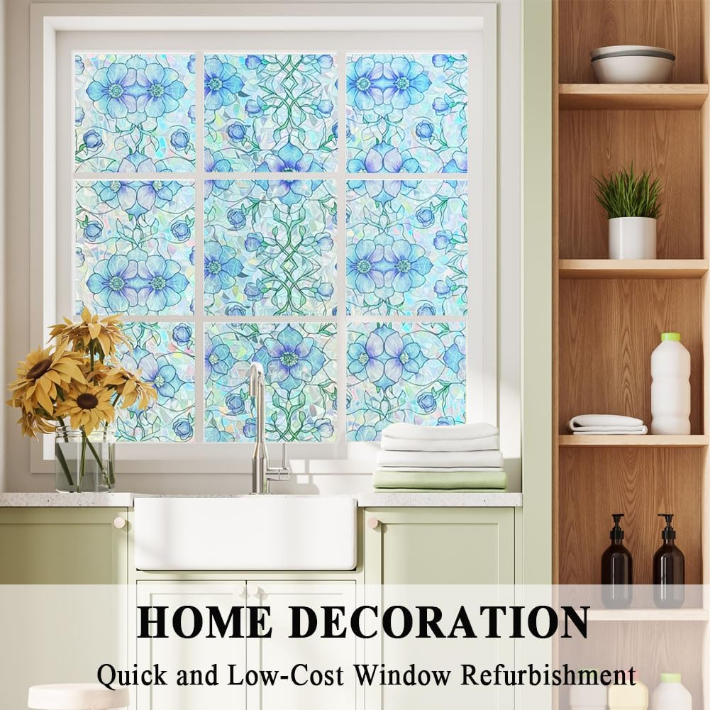 Etched Window Privacy Film Blue Purple Floral Sliding Glass Door Tint No Glue Static Cling Decals 3D Rainbow Decorative Covers Iridescent Anti UV Removal DIY Home Office,35X78.7in.