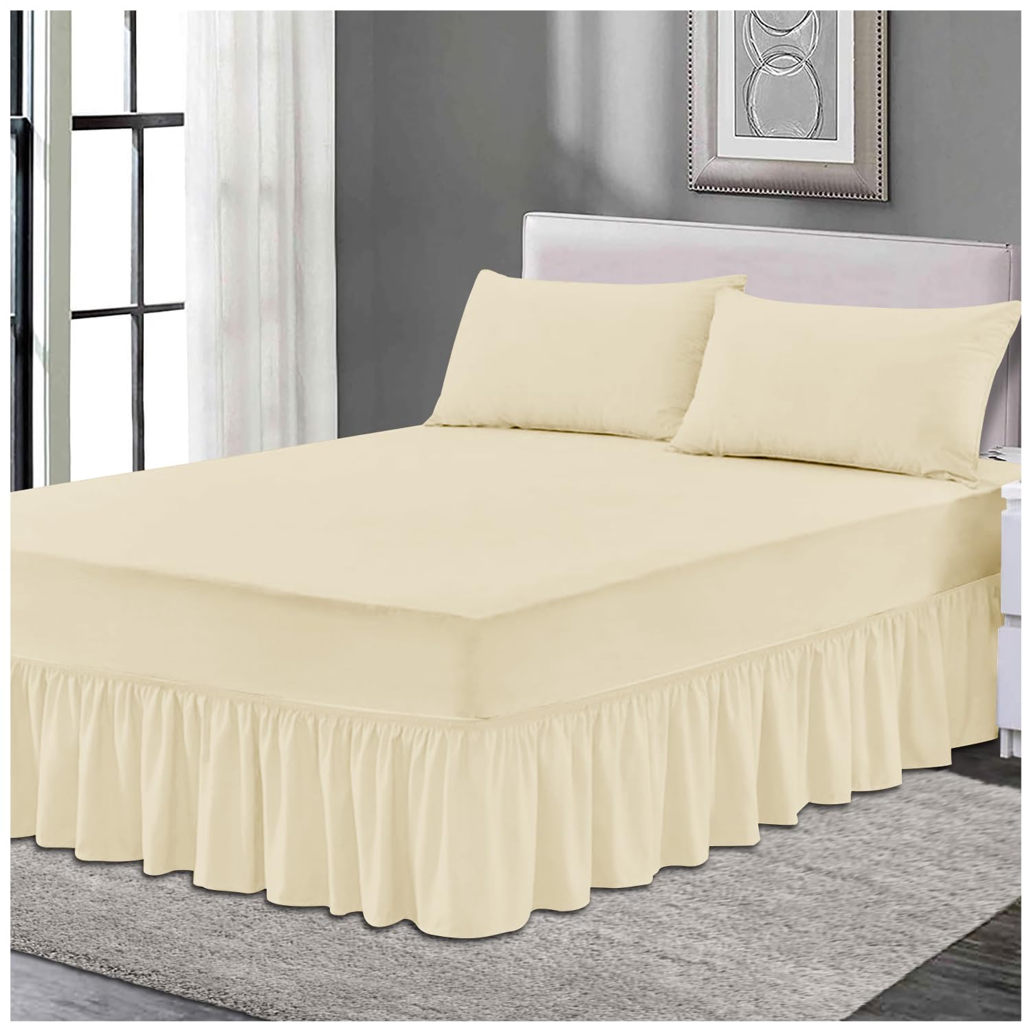 Gc Gaveno Cavailia Cream Plain Elastic Bed Valance Sheet, Ruffles Bed Skirt Sheets, Ultra Soft Bedskirts Valance Bedsheets,