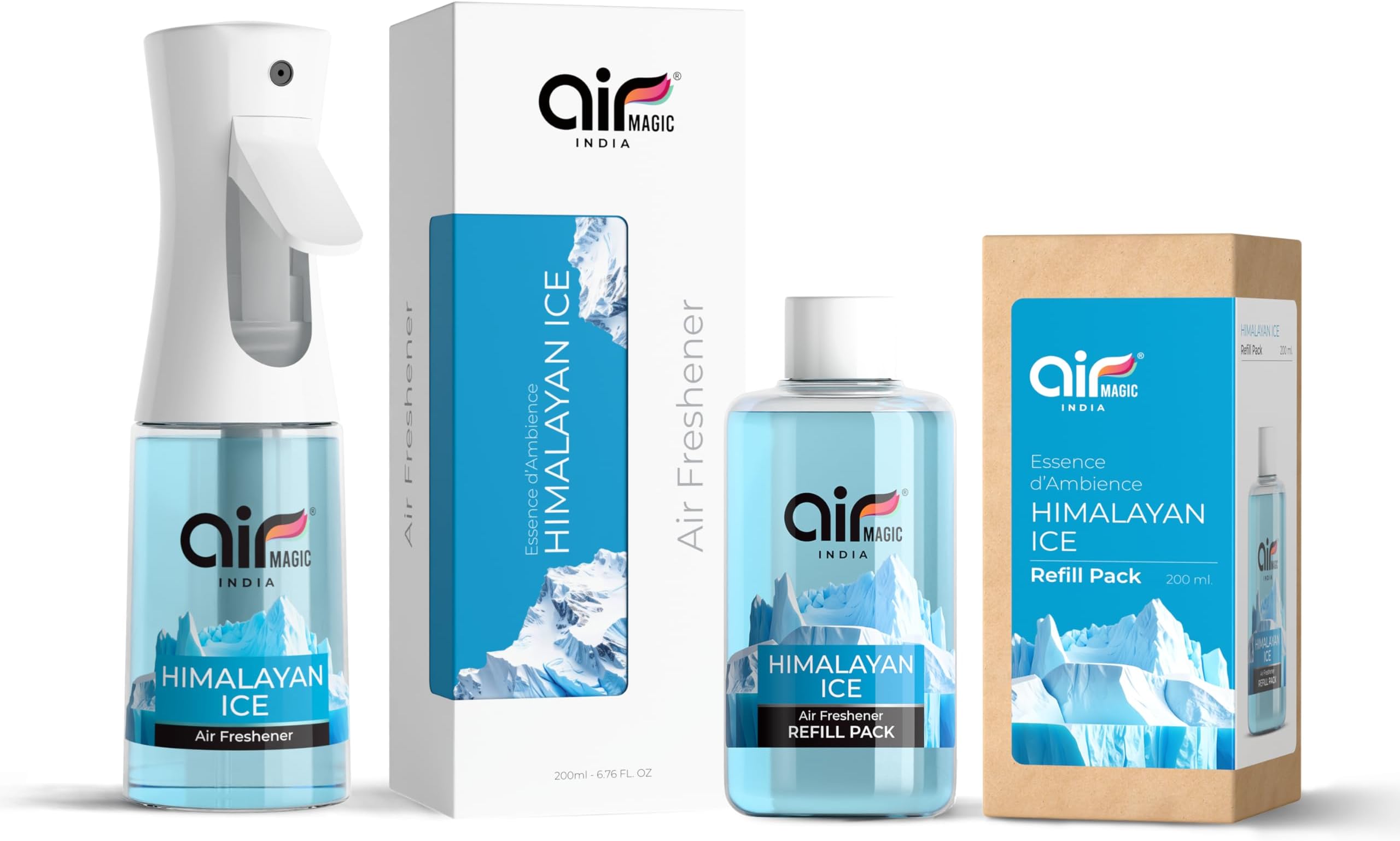 Himalayan Ice | Aquatic Edition | Air Magic India 200ML Liquid Air Freshener + 200ML Refill Pack Combo | High Concentrated No-Gas Formula | Long Lasting Room, Bathroom & Office Freshener