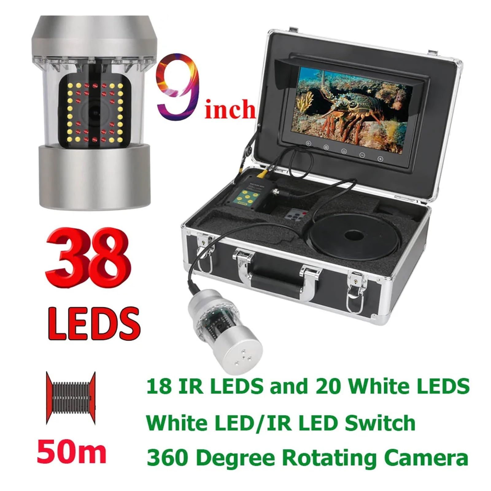 Cámara de pesca submarina de 9 pulgadas, 50 m/100 m, buscador de peces, IP68, resistente al agua, 38 LED, cámara giratoria de 360 ​​grados Vista clara(38 LEDs 50M Cable)