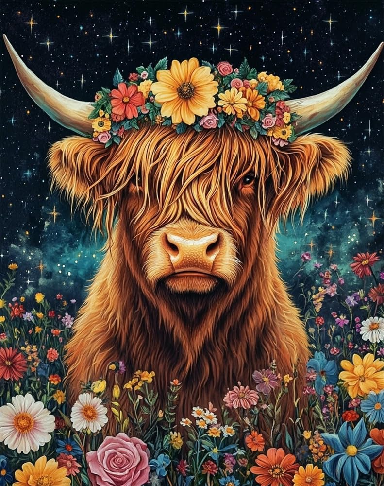 Henypt 11Ct DIY Counted Cross Stitch Kits for Adults Highland Cattle Wearing A Floral-Wreath Hat Embroidery Cross Stitch Kits Stamped Pattern Starter Set Needlework Art Accessories Wall Decoration