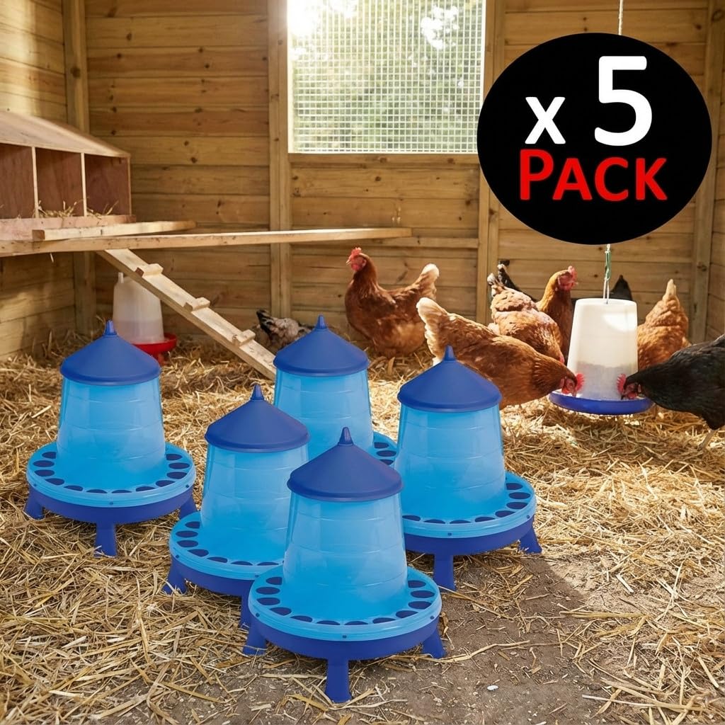 Suinga Pack 5 Tolva Comedero con Patas para Aves y Gallinas | Capacidad 4 kg | 30x30x50 cm | Plástico Resistente | Color Azul