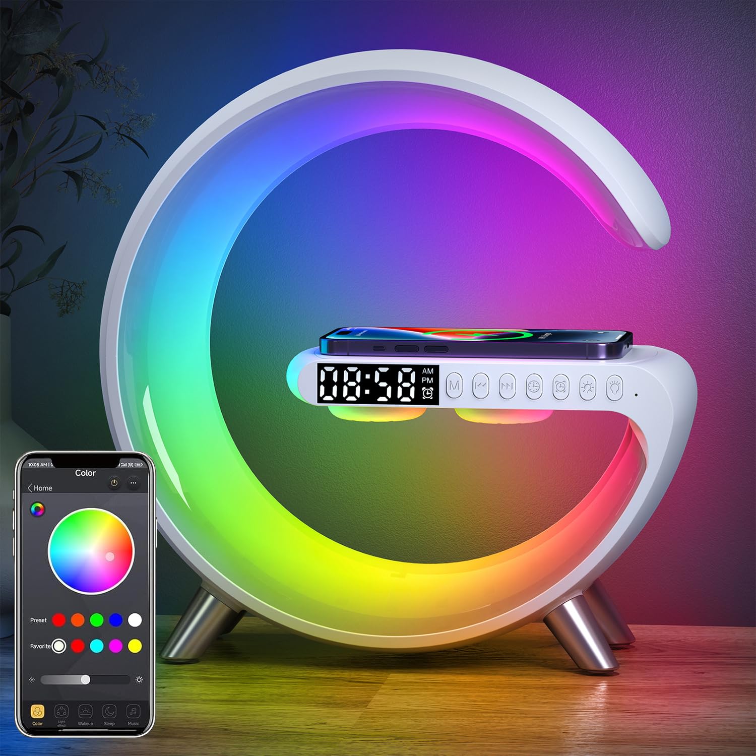 Kabelloses Ladegerät Atmosphäre Lampe, Mini Wireless Lautsprecher Lampe mit Wecker, Bluetooth Lautsprecher mit Atmosphäre Licht, Nachttischlampe Geschenke für Wohnkultur, Schlafzimmer (9-Tasten-mit