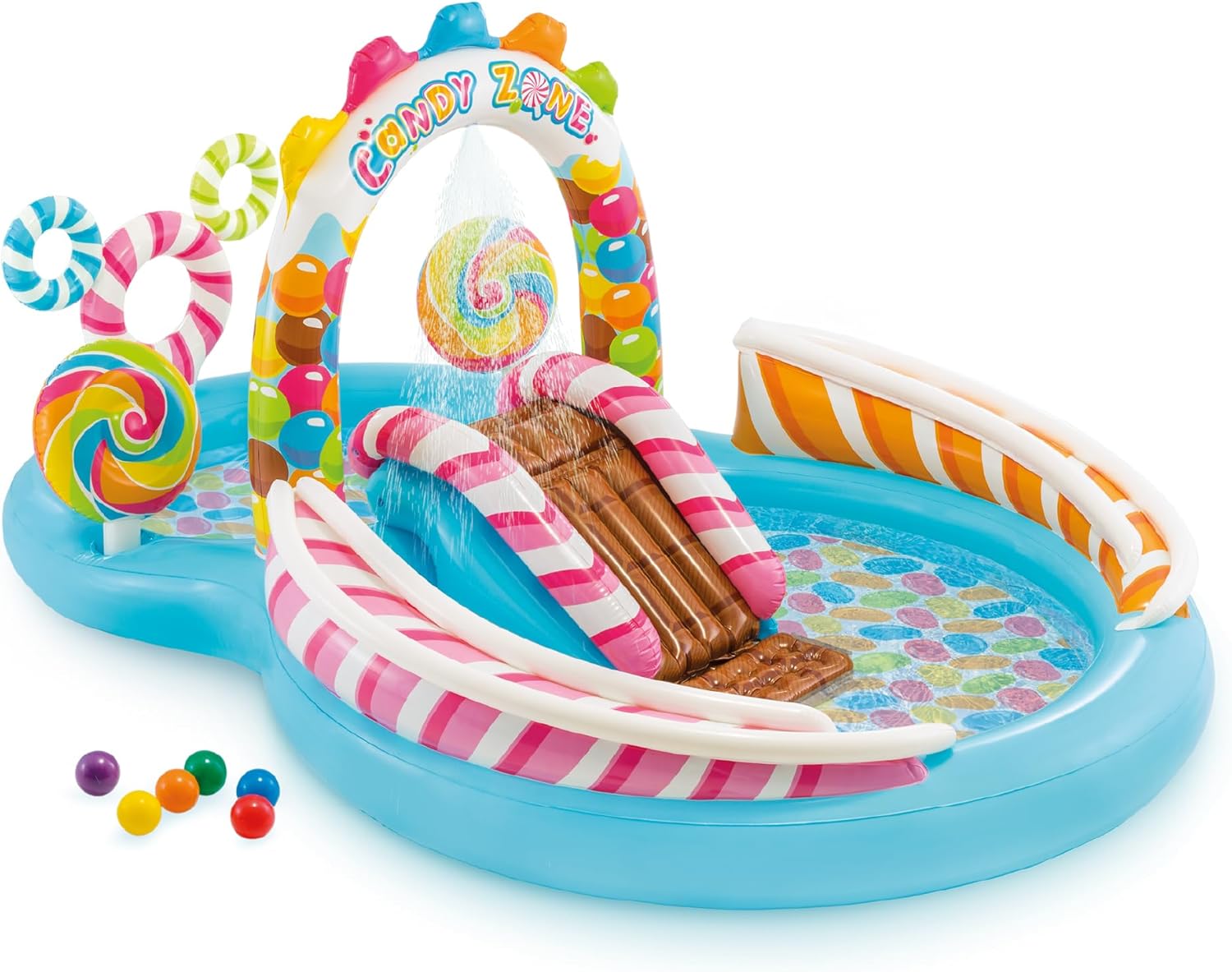 INTEX Candy Zone Inflatable Kiddie Pool: Inflatable Kids Pool with Water Sprayer and Slide – Splash Pad – 116" x 75" x 51" – Ages 3+