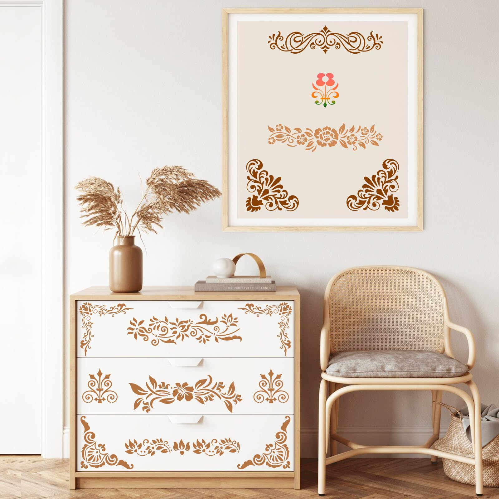 Qpout 12 Pezzi Stencil per Bordi di Fiori per Pittura, Stencil di Bordi per Disegno di Totem Tribale Fiore per Dipingere su Parete Mobili in Legno Pannello in Porcellana Wallpaper, Paper, Fabric