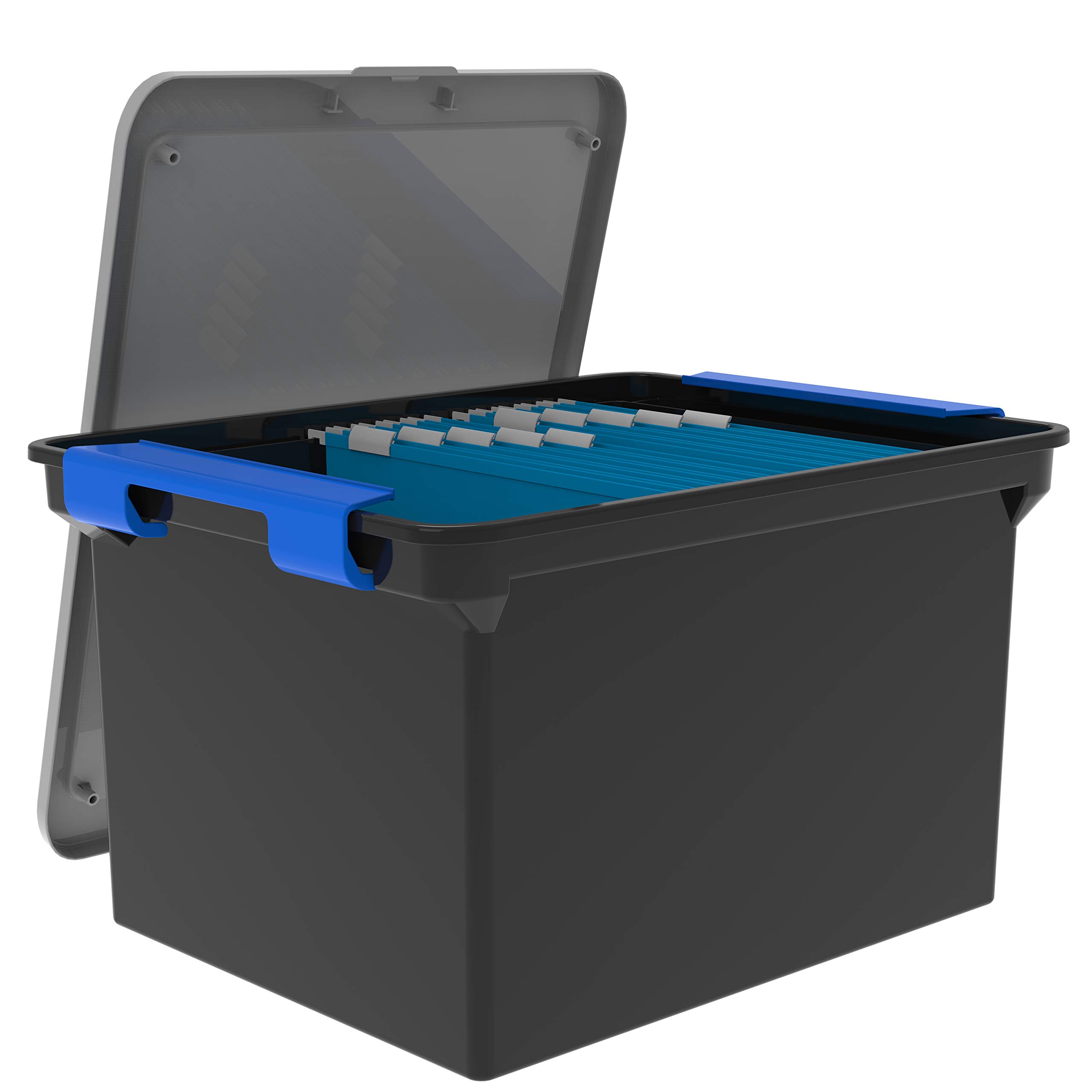 ( with minor lid crack) Storex Storage File Tote with Locking Handles, Black/Silver, 4Pack