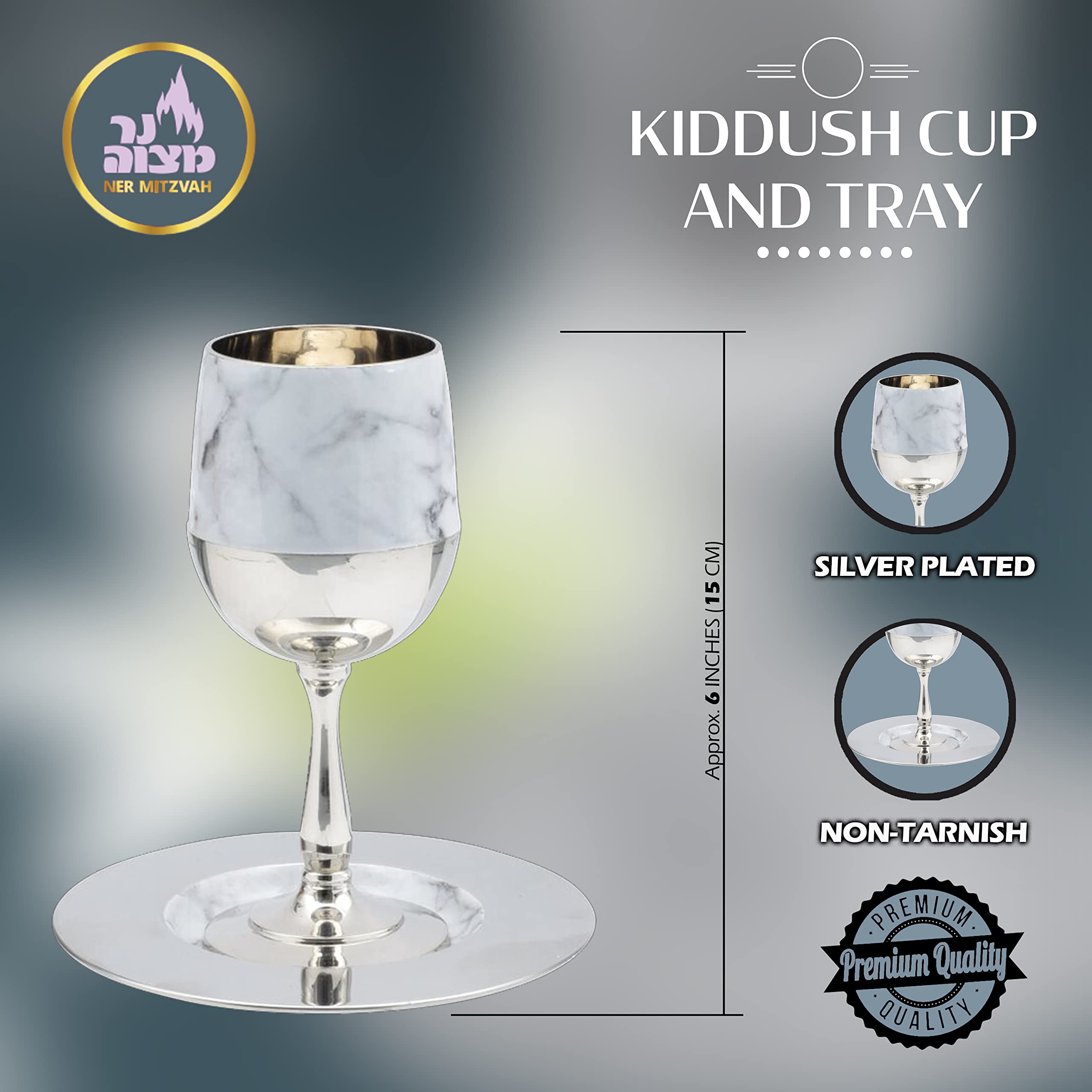 Ner Mitzvah Tall Kiddush Cup and Tray - Premium Quality Marble and Chrome Goblet With Stem - Shabbat and Havdalah Goblet - Judaica Shabbos and Holiday Gift -6