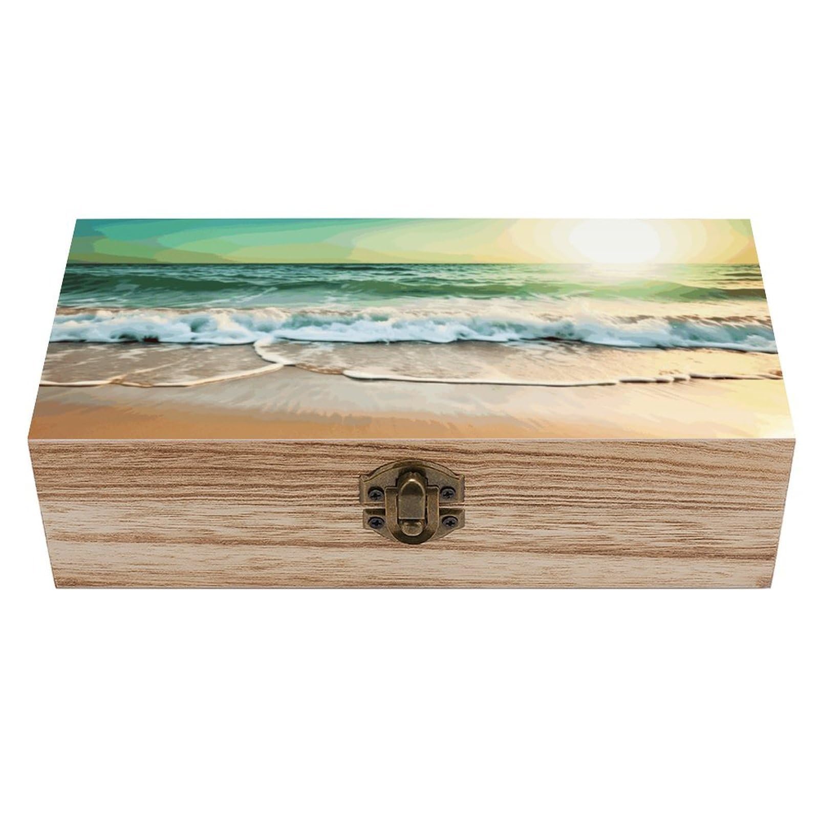 LZQPOEAS Ocean Beach Theme Wooden Storage Box Small Decorative Box with Hinged Lid Handmade Elegant Keepsake Storage Box for Jewelry, Photos, Trinkets, Letter Gifts, Small Heirlooms