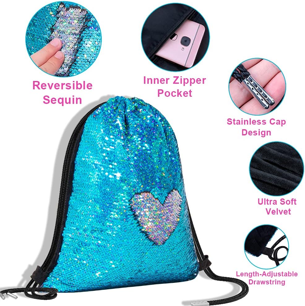 GA&EN Mermaid Reversible Sequin Drawstring Backpack/Bag Iridescent Dotted Blue/Silver for Kids Girls One_Size image 4