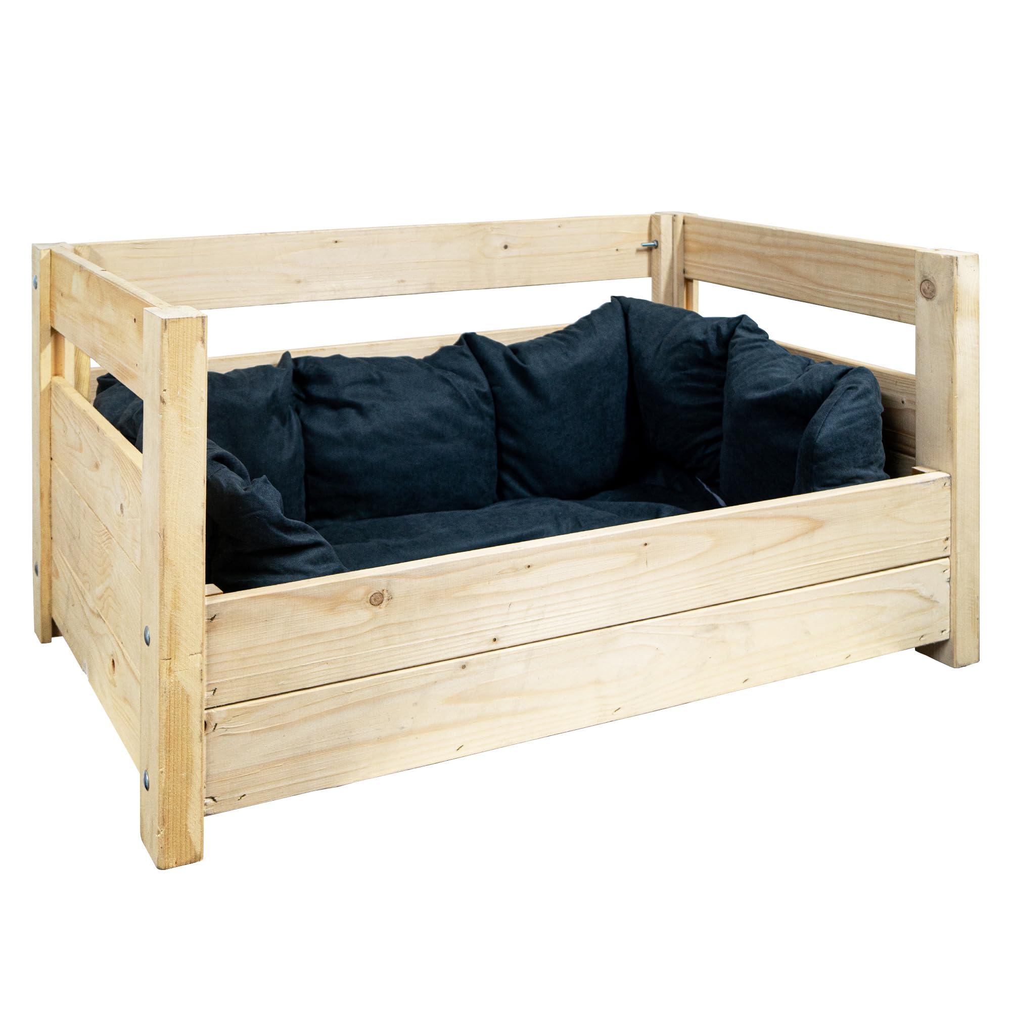 Kistenkolli Altes Land Hundebett Charly aus Massivholz 90 x 57 x 45 cm – Hundesofa aus Holz – Natur, Braun oder Geflammt – Optional mit Hundekissen – Stabil & einfache Selbstmontage (Natur)