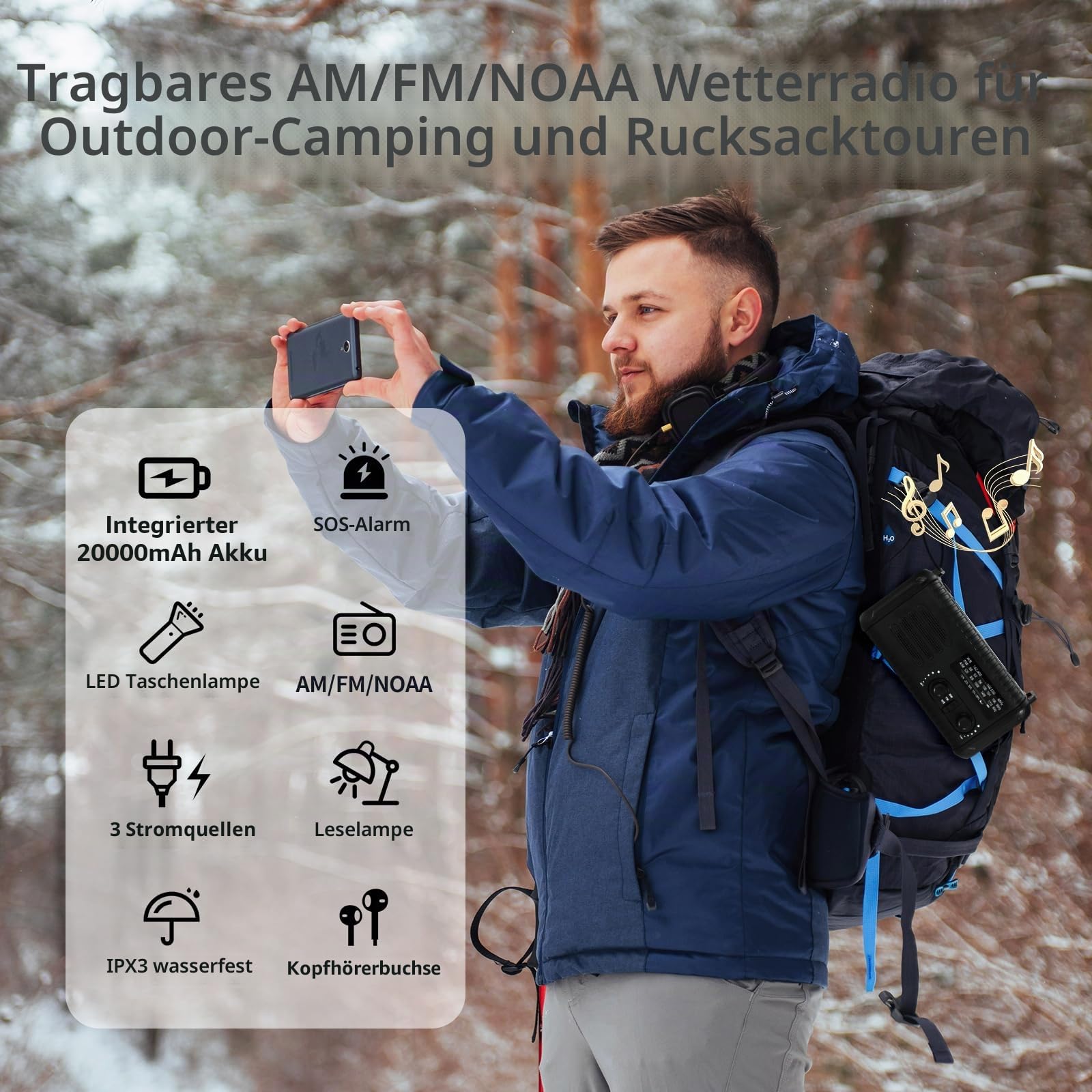 Notfallradio, Crank Wetterradio, 20000mAh Solarradio, Hand Kurbelradio mit AM/FM/NOAA, tragbares Radio mit Taschenlampe und Leselampe, Kopfhöreranschluss, SOS-Alarm, Handy-Ladegerät für Notfälle
