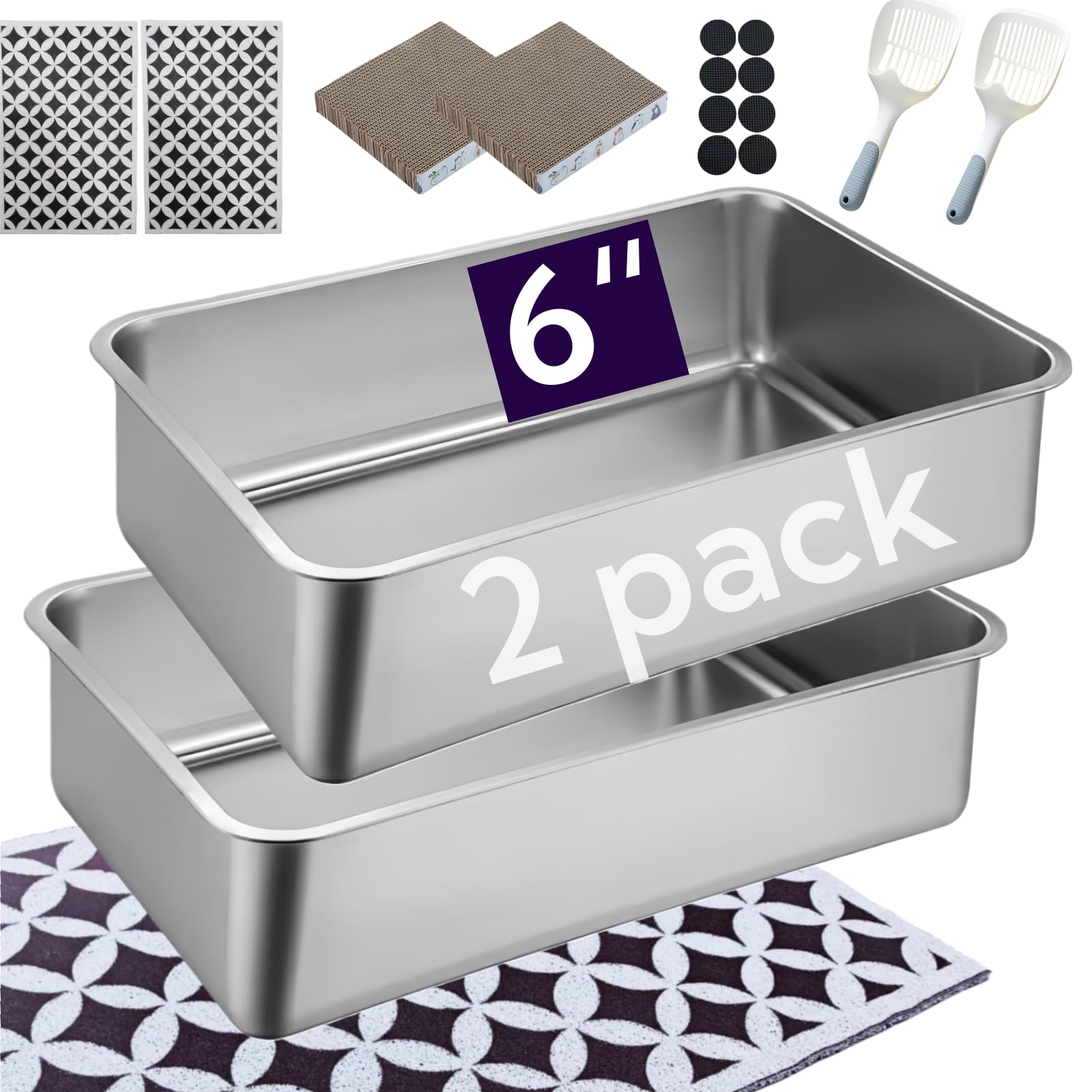Spindro 2 pack Stainless Steel Cat Litter Box with High Sides - Metal Cat Pan, Large Indoor Litter Tray, Never Absorbs Odor, Pet Toilet Supplies Smooth Surface for Kitten, Kitty, Rabbit 17.5"13.5"x6"