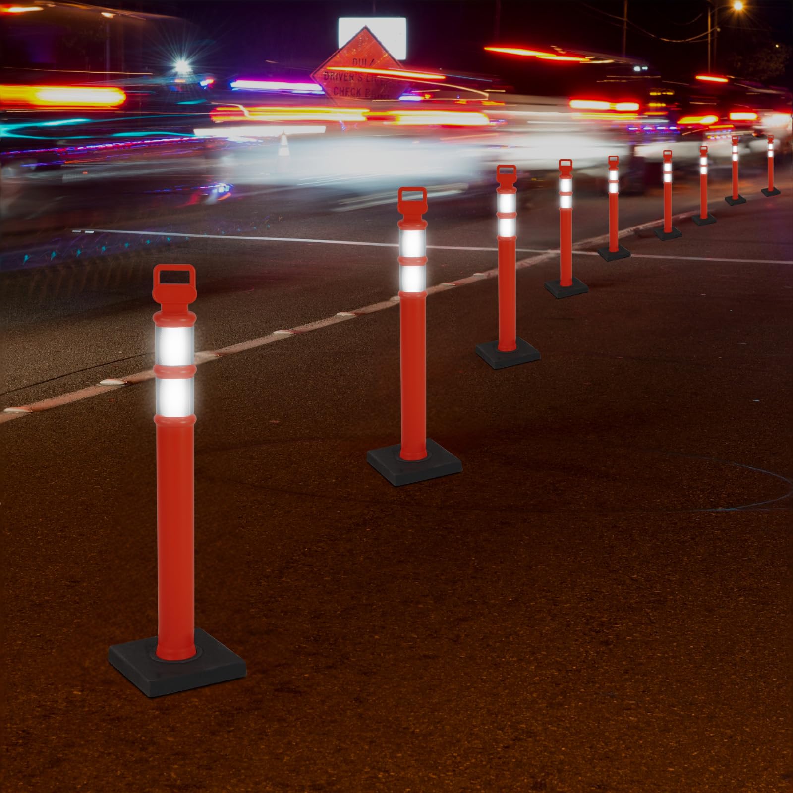 Delineator Post con base de 6 unidades, postes de delineador de tráfico, conos de seguridad de estacionamiento con cadenas de plástico, barrera portátil para poste de estacionamiento, 45 pulgadas de