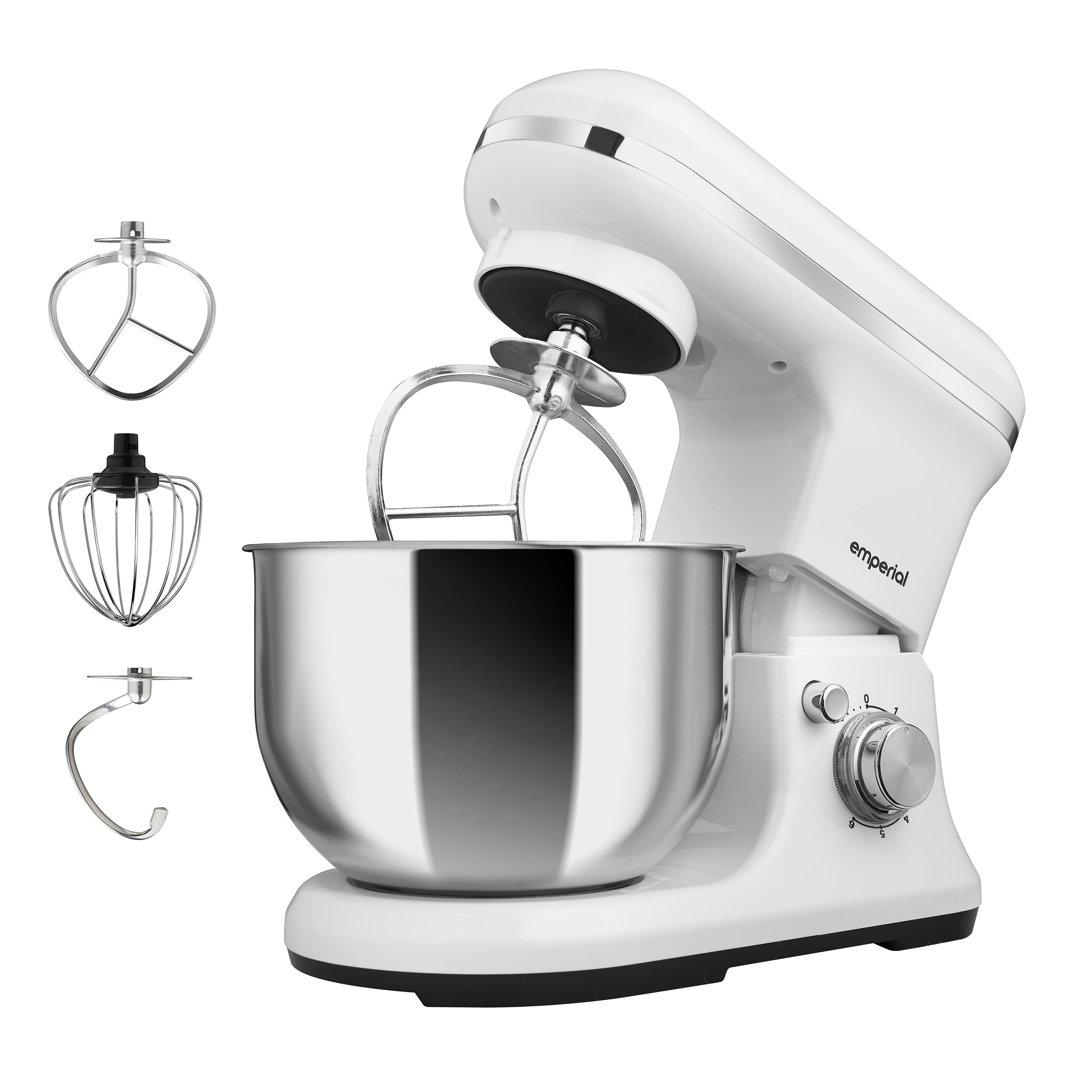 Emperial Stand Mixer | 1200W Food Mixer for Baking with Beater, Dough Hook & Whisk | 5L Stainless Steel Bowl | 6 Speed Electric Kitchen Mixer with Removable Splash Guard (White) — image 1