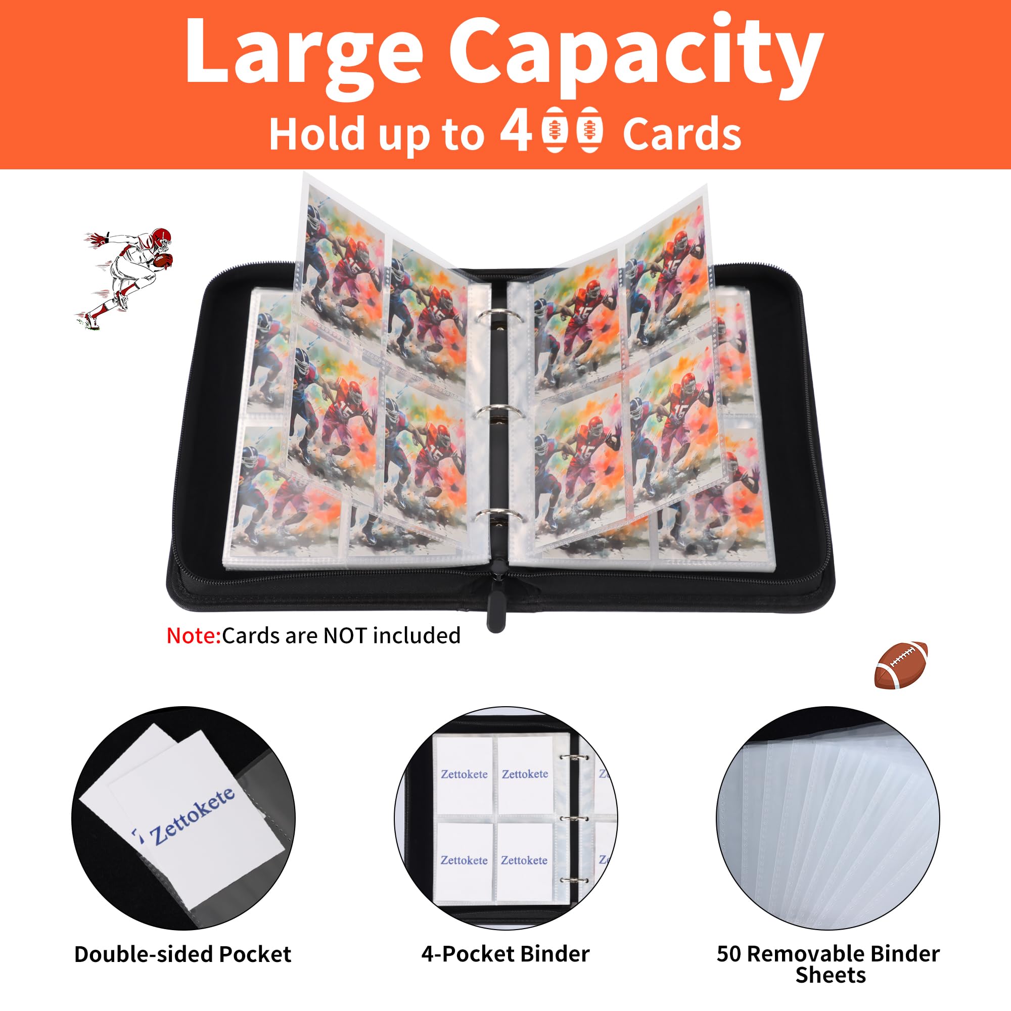 Zettokete Football Card Binder 400 Pockets, Sports Card Binder with Large Capacity Fits for Football Cards 2025