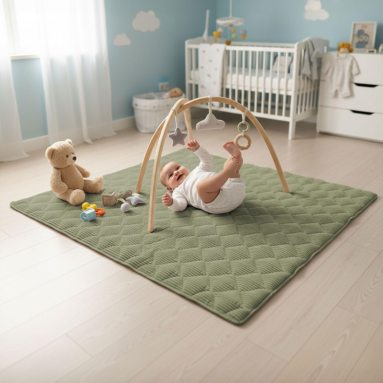 Sanosoft® Krabbeldecke - rutsch- & wasserfeste Krabbelunterlage mit Öko Tex & Made in Germany… (Cord Khaki Grün, 120x120cm)