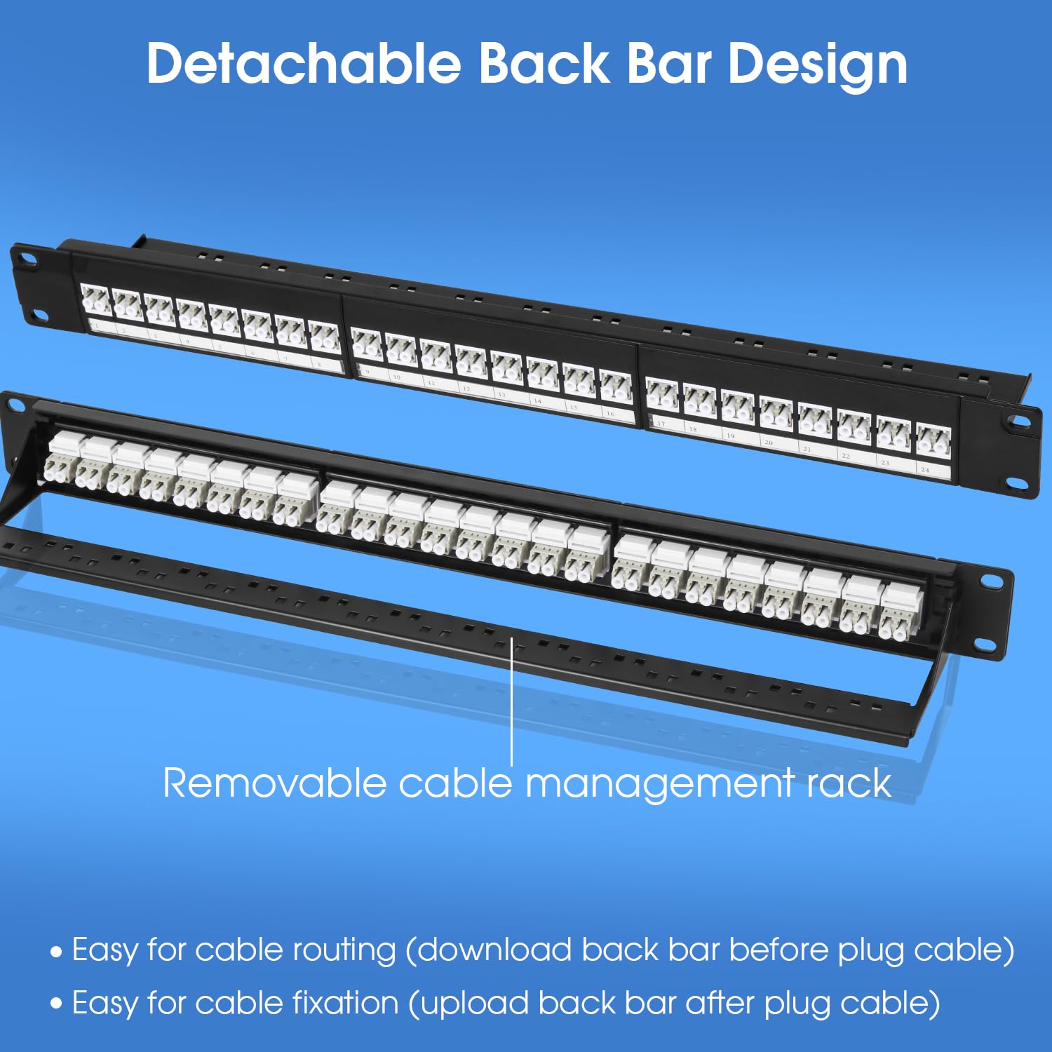 Lot de 2 panneaux de brassage en fibre à montage en rack 1U avec 24 coupleurs de fibre multimode LC-OM1/OM2 Jack Keystone Jack Modulaire (vis de rack incluses)