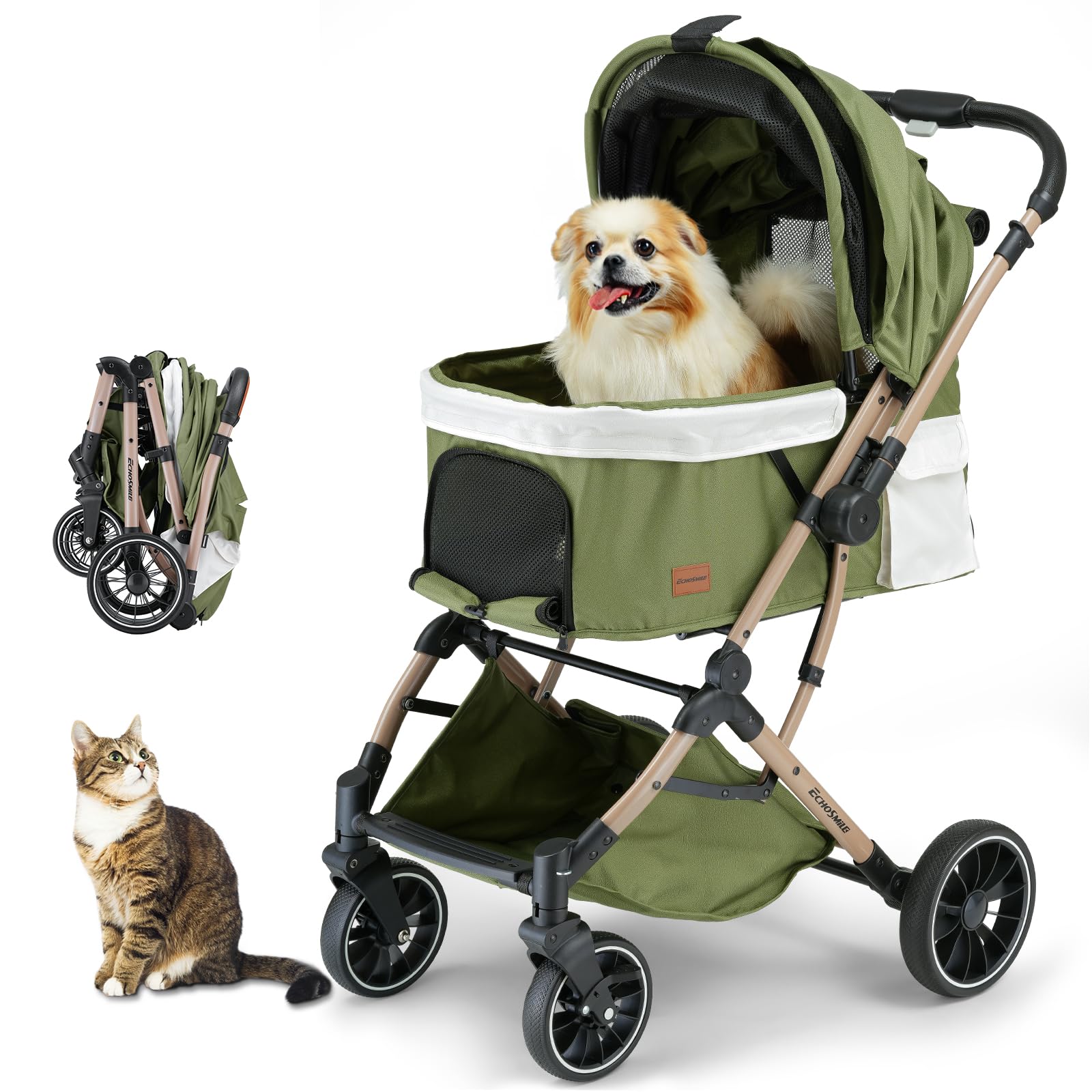EchoSmile Pet Stroller for Dogs & Cats - One-Touch Foldable Design, Reversible Handle, Shock Absorbing Wheels, Large Pet Carrier Holds 3 Small/Medium Pets (50lbs), Removable Washable Pad & Storage Basket (Green)