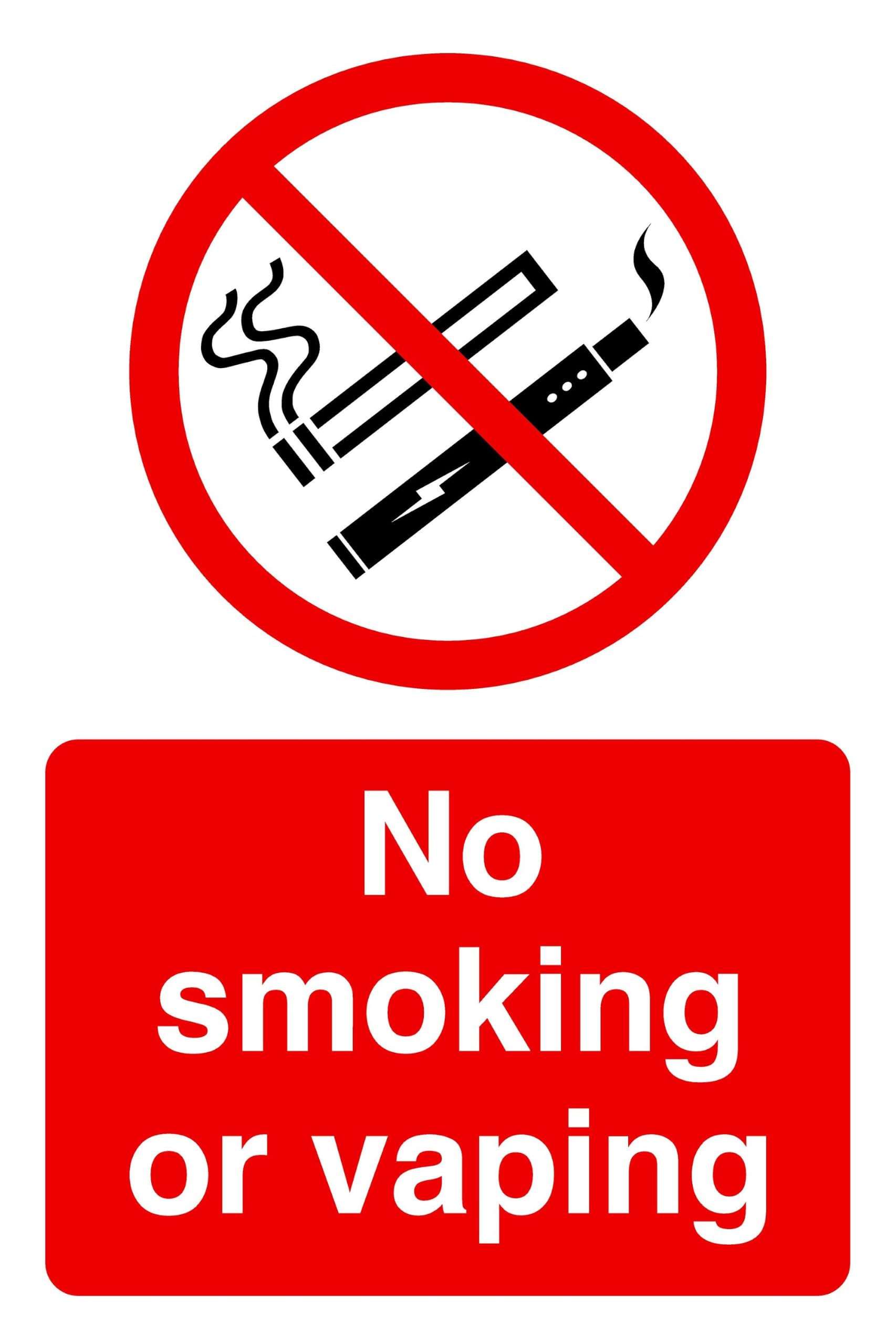 No smoking or vaping safety sign- 1.2mm Rigid plastic for indoor/outdoor usage (200mm x 150mm) Viewing Distance within 5m.