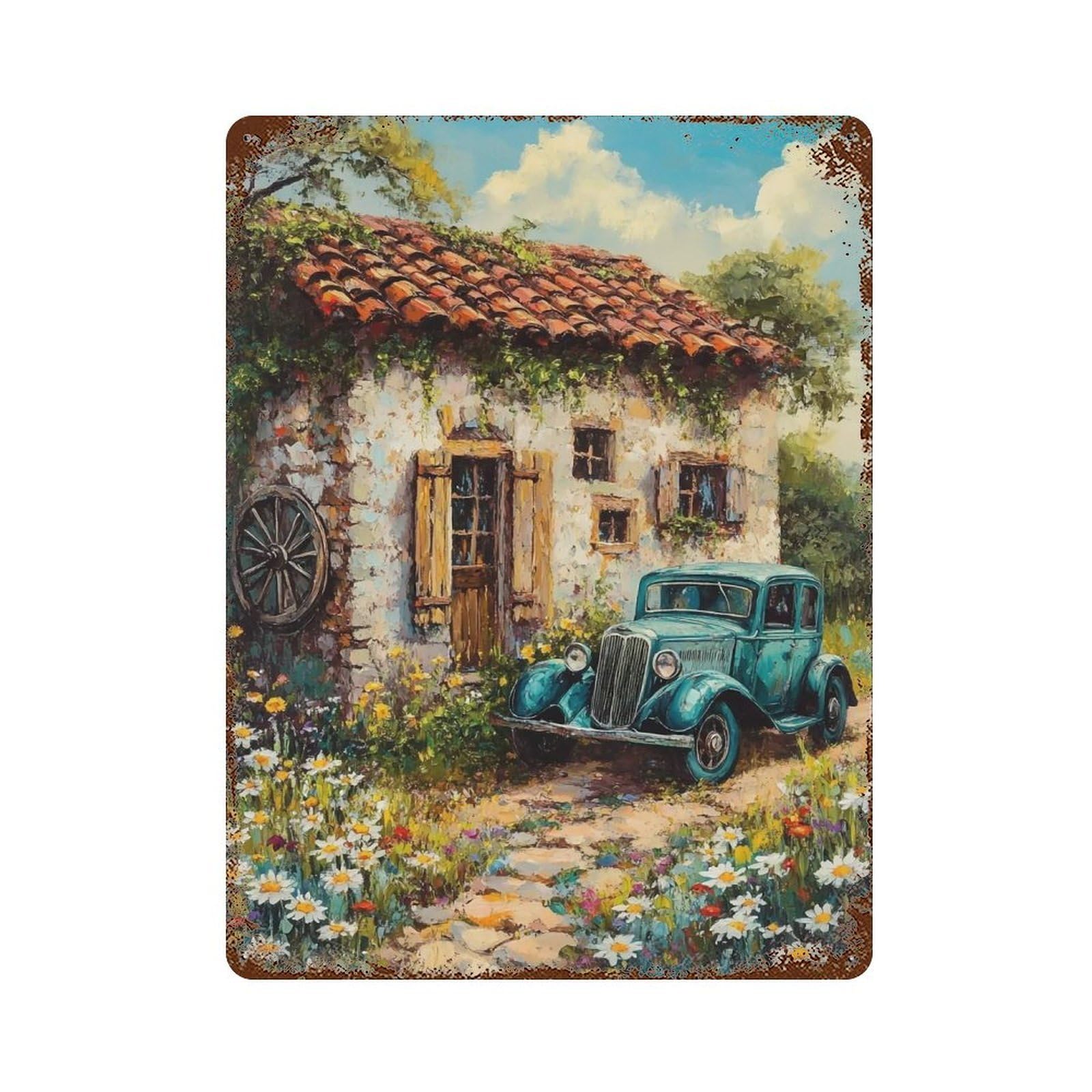 HDURYEYRYY Rural Stone House Old Automobile 03 Wall Retro Iron Vintage Art Metal Tin Sign Poster Modern Home Cofffee Club Art Bar Shop Decor 40x30cm