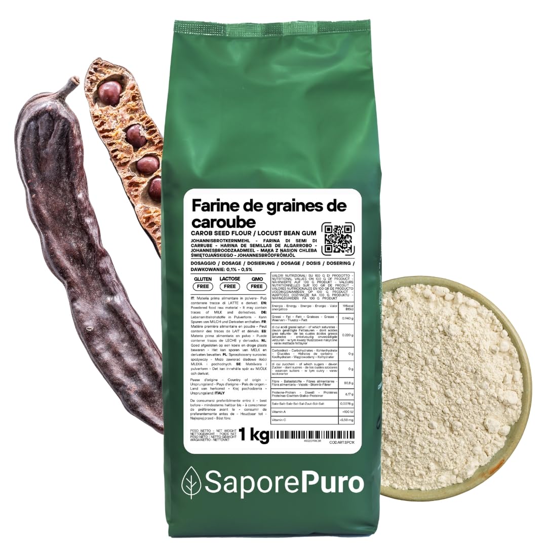 Saporepuro Farine de Graines de Caroube 1000 g – SANS GLUTEN – Épaississant et gélifiant naturel 100% pur – Idéale pour Glaces, Sorbets, Desserts et Sauces