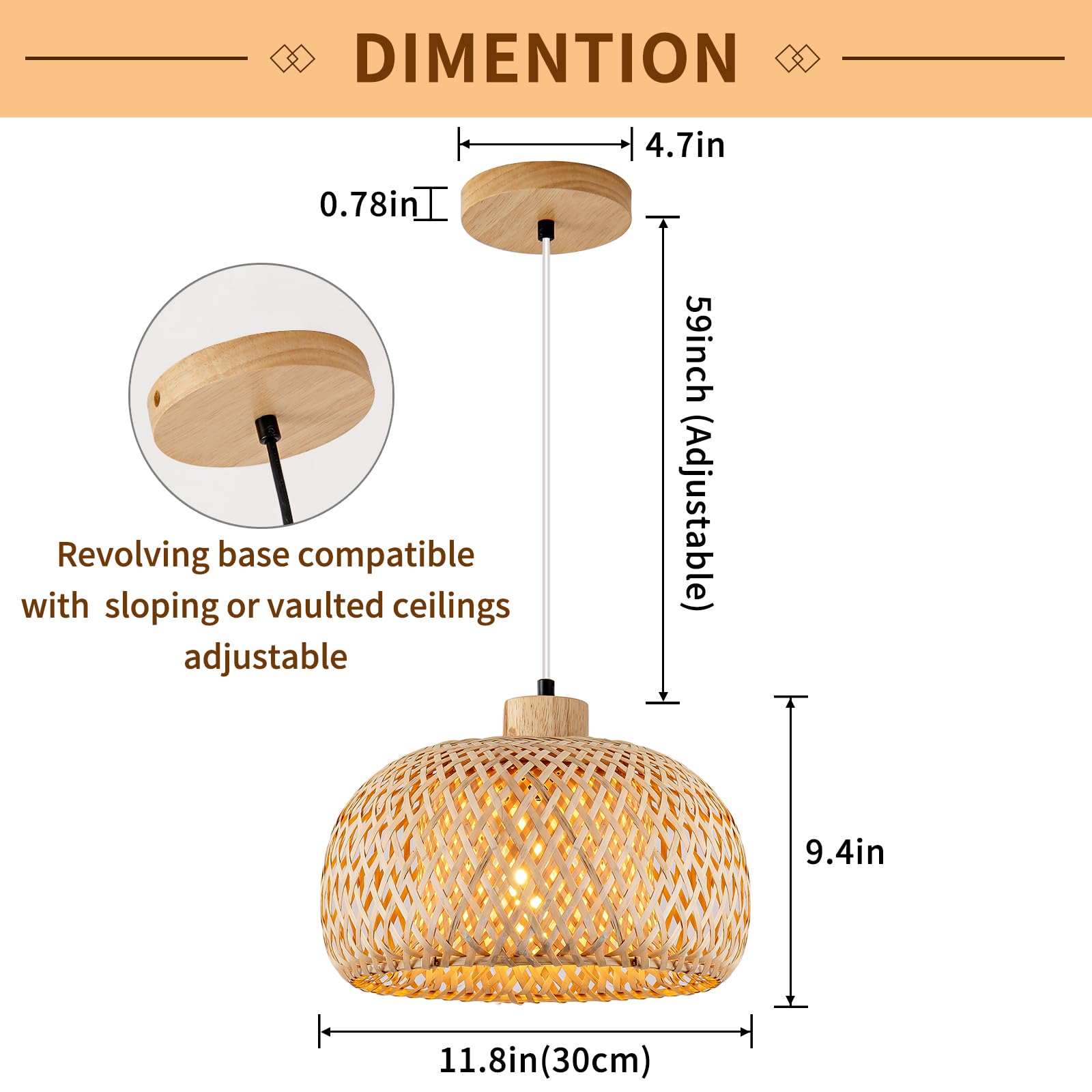 Lámpara colgante de bambú, 11.8 pulgadas, tejida a mano, de mimbre natural, lámpara colgante bohemia beige, lámpara de techo de comedor de isla rústica para sala de estar, cocina, granja, 3