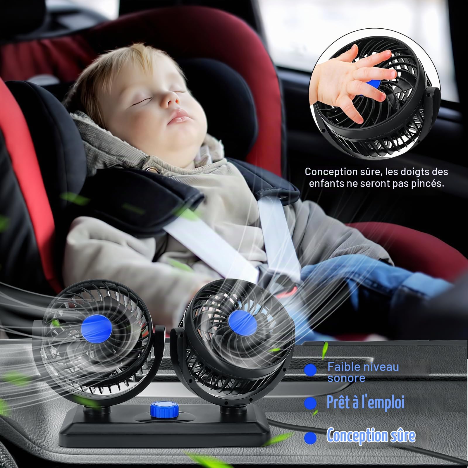 Ventilateur de refroidissement portable pour voiture, ventilateur de voiture 12V/24V, ventilateur de tête double avec ventilateur de refroidissement réglable à 2 vitesses (12V bleu)