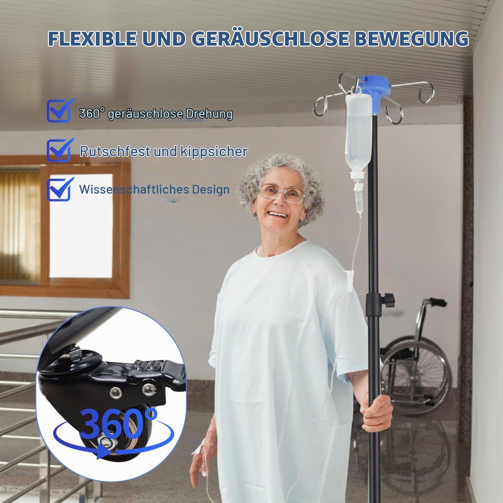 Infusionsständer,Verstellbarer Infusionsständer mit Rädern | Faltbare IV-Stange,Höhenverstellbar,mit 4 Haken und 3 Netzbeuteln, für Krankenhaus Und Häusliche Pflege