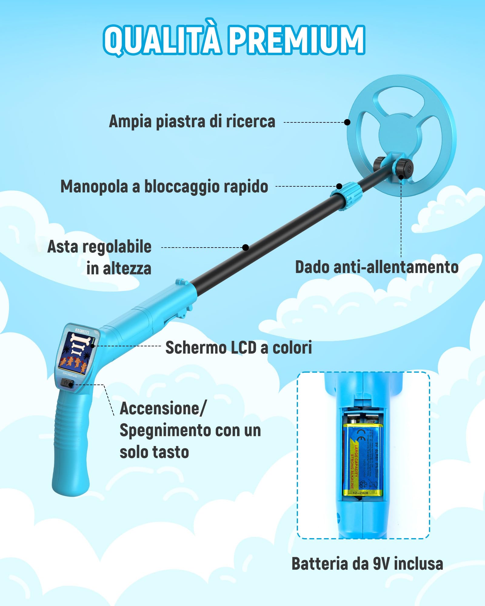 KAIWEETS Metal Detector Bambini, con Schermo LCD a Colori Animato, Asta Regolabile e Design Leggero, Set Completo con Zaino, Paletta, Rastrello e Monete Bonus – Rilevatore di Metalli Educativo