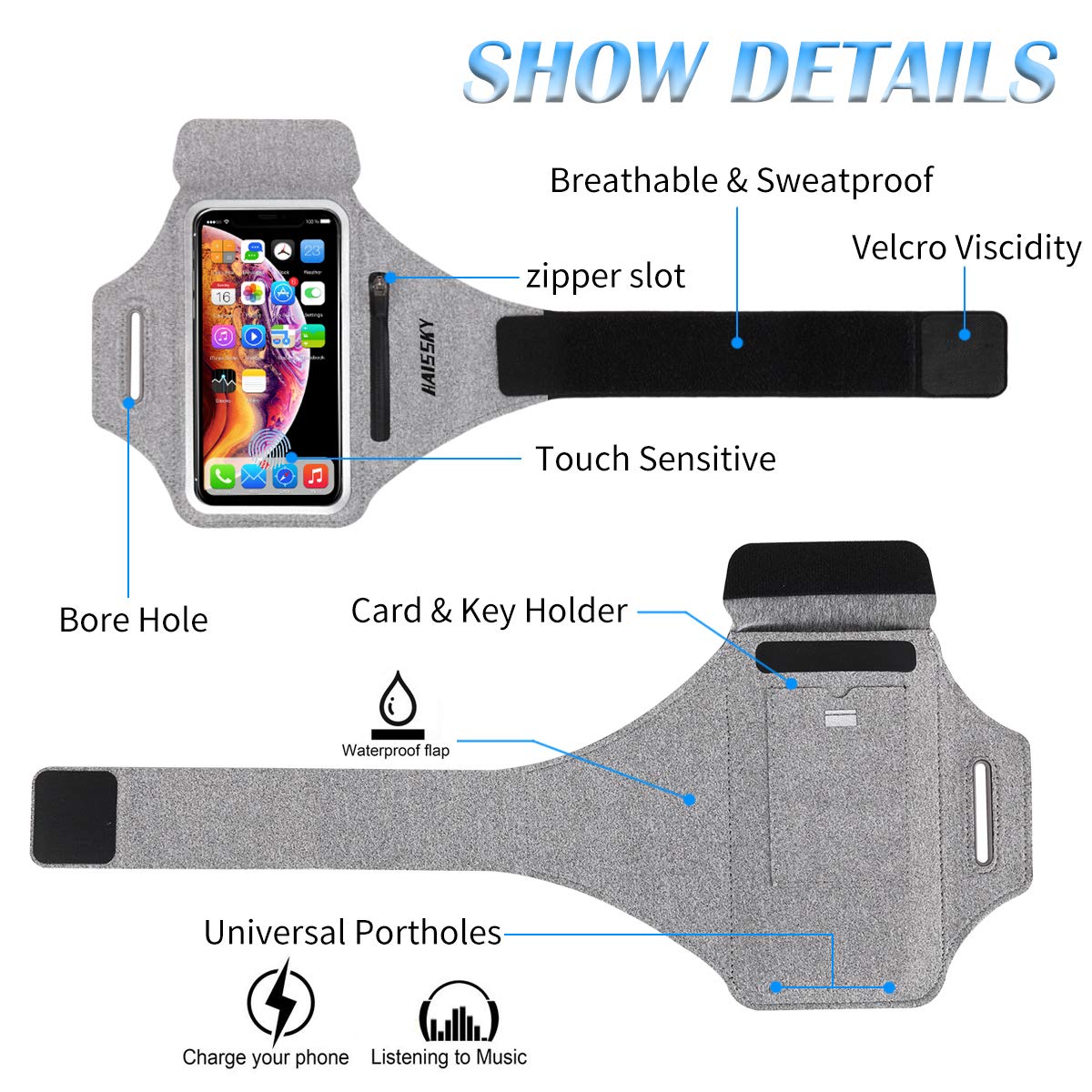 Fascia da Braccio Sportiva porta cellulare per iPhone 16 15 14 13 12 11 Pro Max Samsung Galaxy A50s/A30s/S10/S10+/S9, HUAWEI/Xiaomi, fino a 6,9", Bracciale Sportivo con Supporto per Auricolari