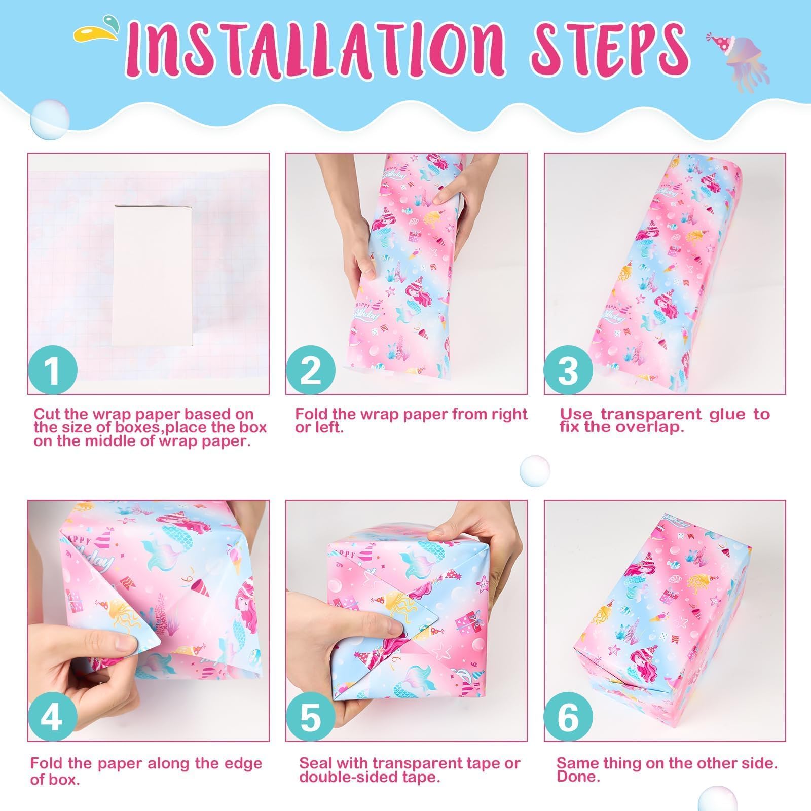 Rollos de Papel de Regalo de Sirena - 3 Rollos 43 cm x 3 m Rollos de Papel de Regalo de Cumpleaños para Niñas Sirena Rosa con Líneas de Corte
