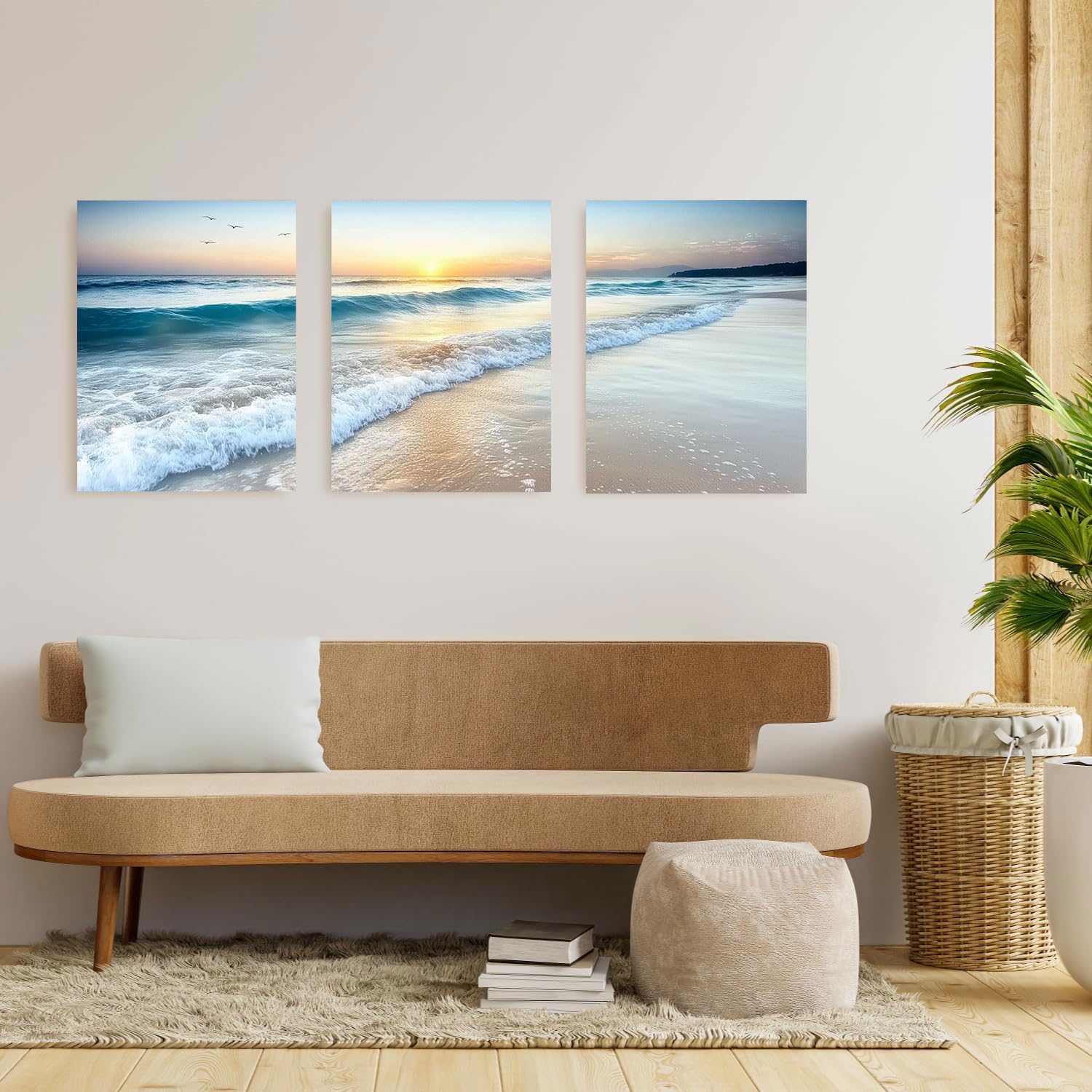 3 Piece Modern Ocean Picture Wall Decor Framed 3 Panel Sea Waves Seagull Sunset Beach Seascape Canvas Wall Art Coastal Sunrise Prints Poster Landscape Painting for Living Room Bathroom (12"x16"x3)