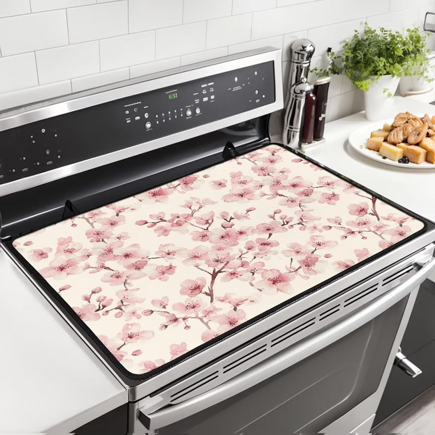 Cherry Blossoms Stove Top Covers for Electric Stove Watercolor Floral Branches Elegant Flowers Glass Top Stove Protector Heat Resistant Range Covers Countertop Mat 28x20 Inch
