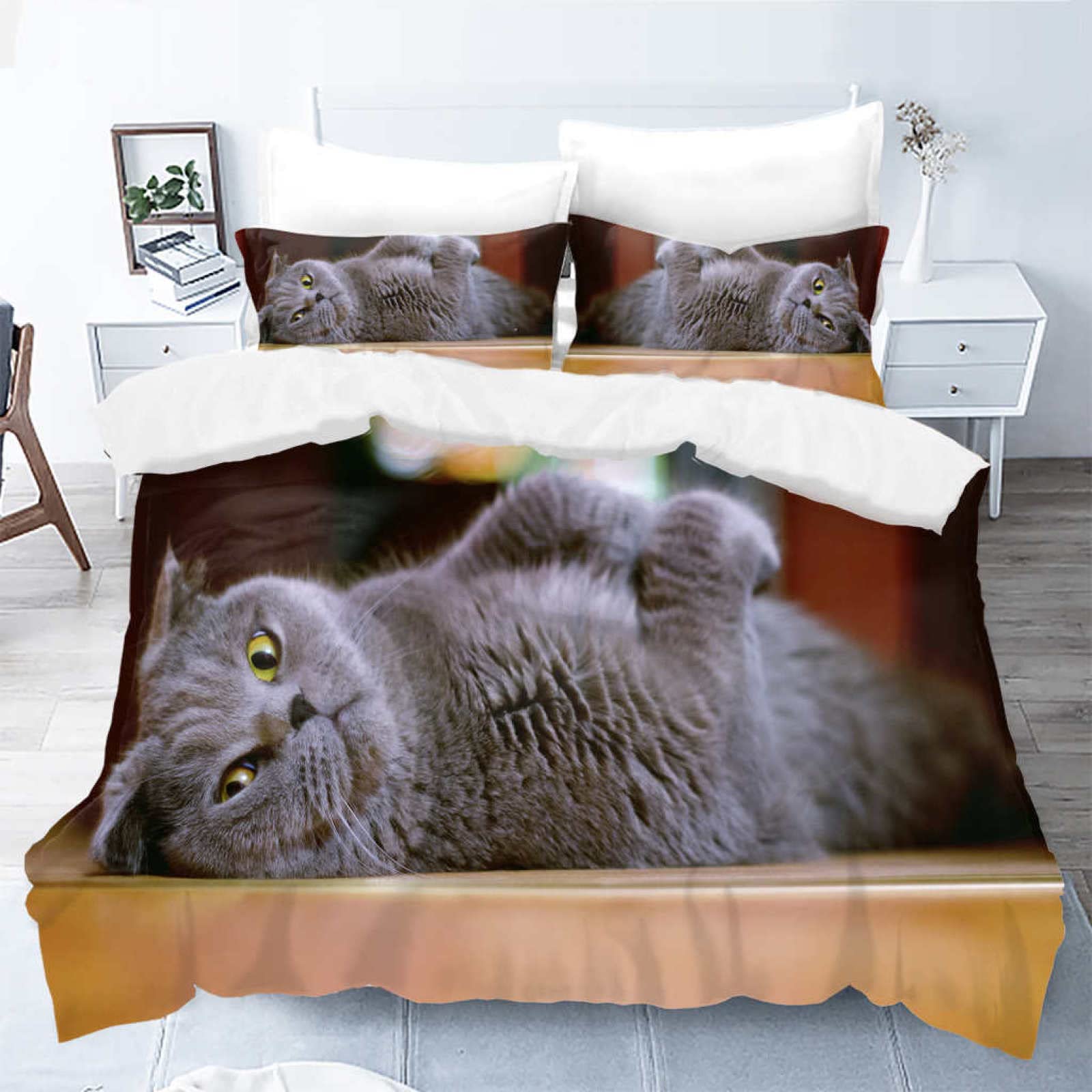 Set Copripiumino Matrimoniale Gatto In Microfibra - 260x240 Cm + 2 Federe 50x80 Cm, Stampa 3D