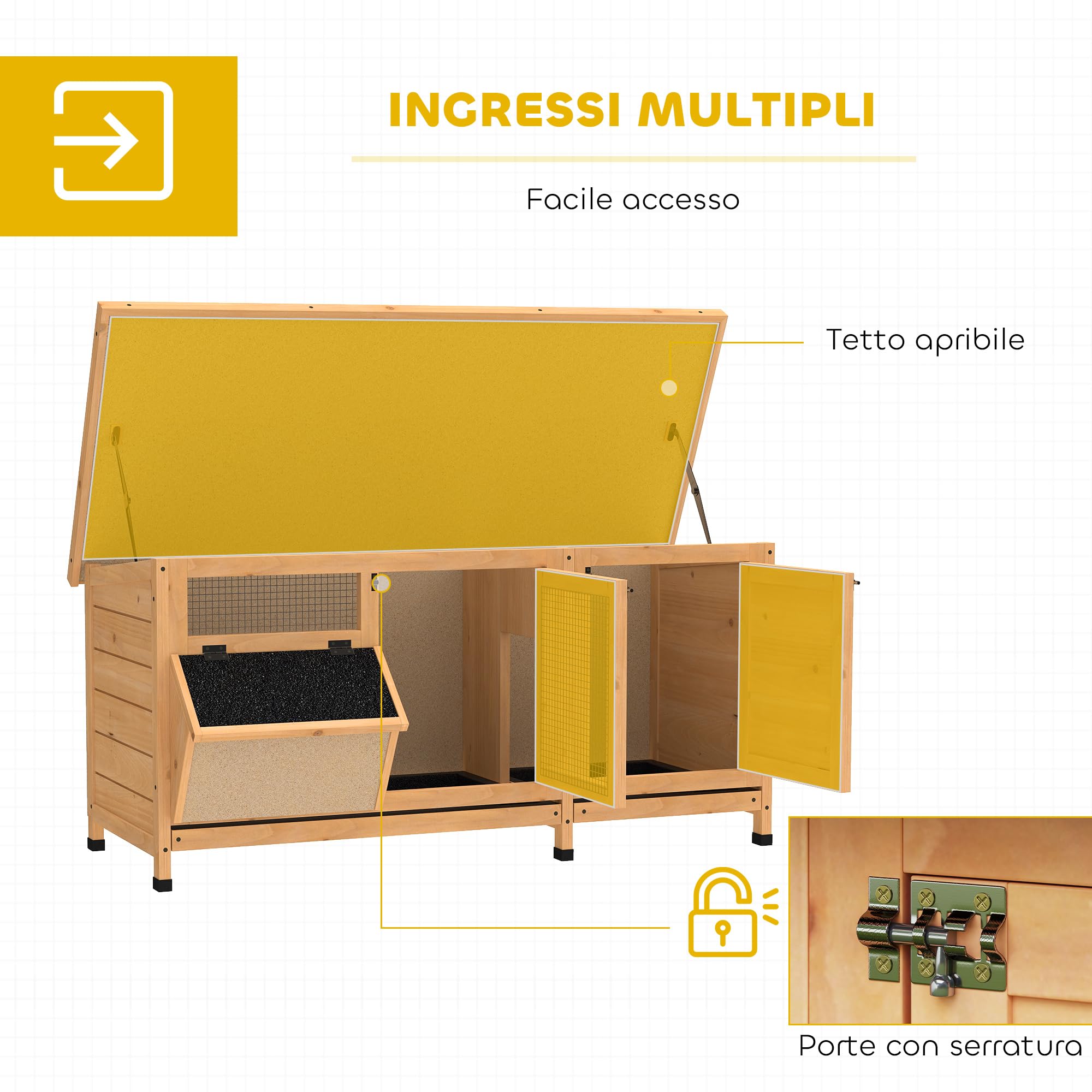 PawHut Conigliera in Legno da Esterno con Tetto in Asfalto, Gabbia per Conigli con Casetta e Porte con Chiavistello, Vassoi Estraibili e Mangiatoia, 112x50x54 cm, Giallo