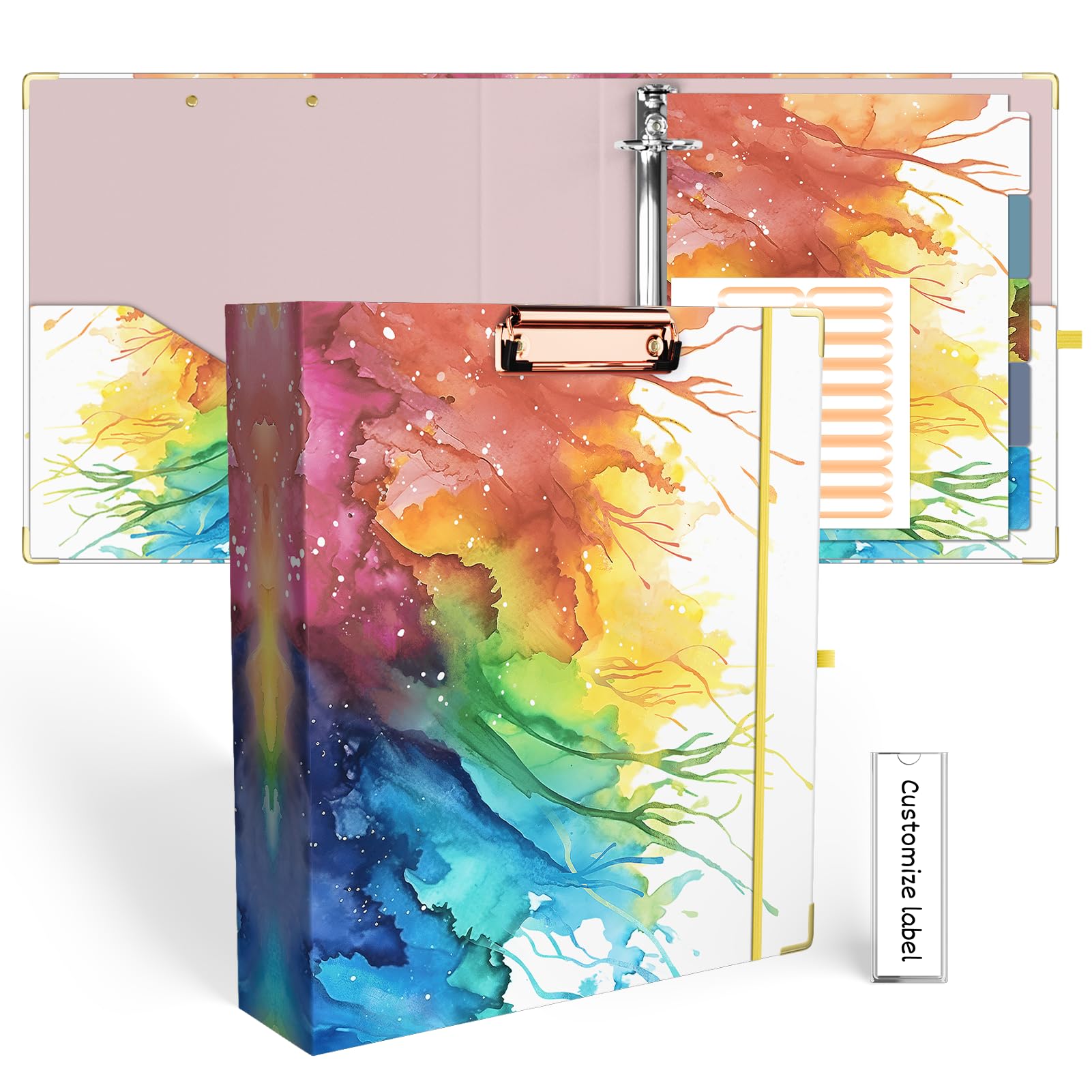 EYROZILL 3 Ring Binder 2 Inch with Clipboard for Letter-Size 11" x 8.5" Three Ring Binder with 5-Tab Dividers and File Folder Labels for School Class Office Supplies, Rainbow