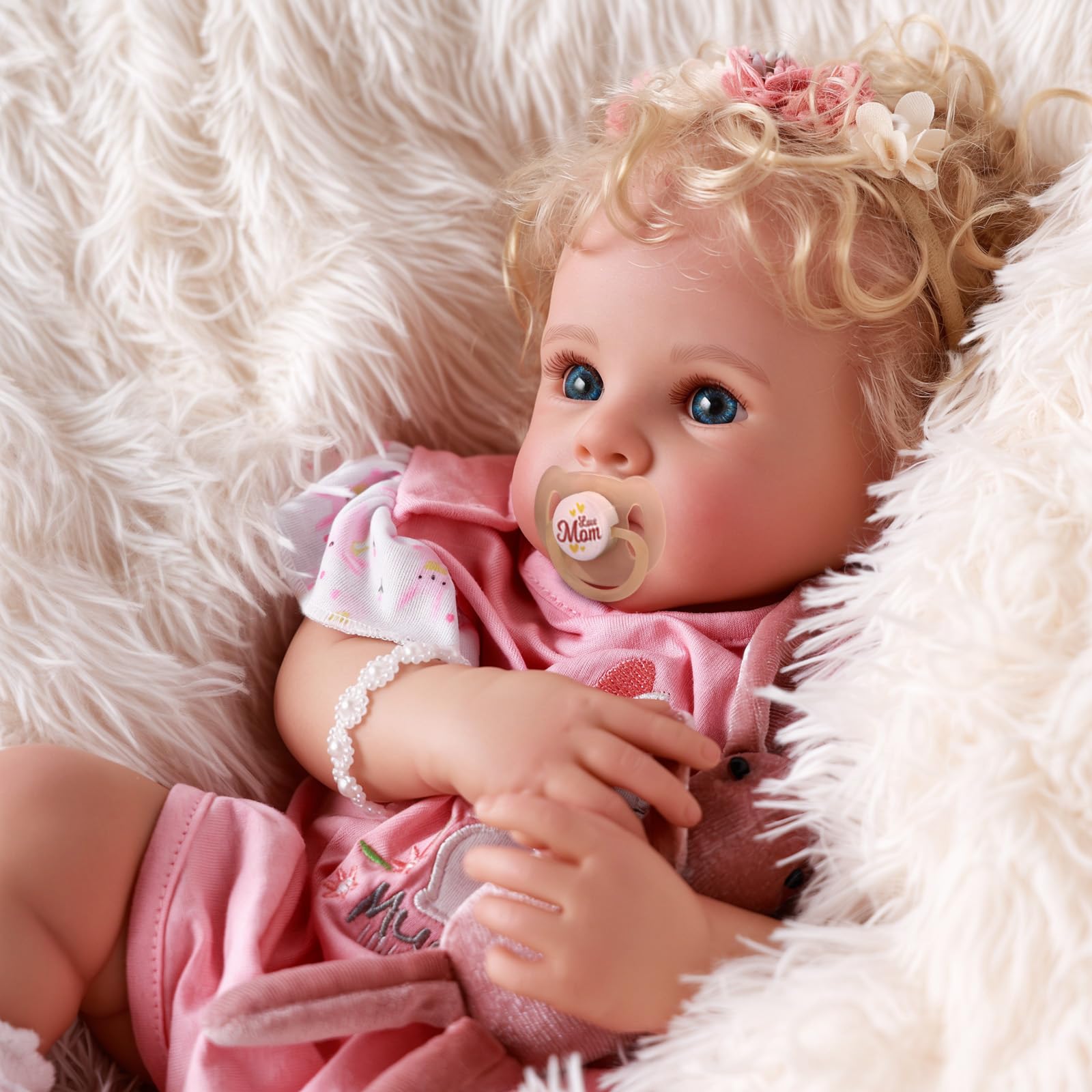 JIZHI Reborn Girl, 17 Inch Blue Eyes Realistic Baby Dolls Soft Cloth Body with Hand Rooted Hair, Vinyl Head - Image 4