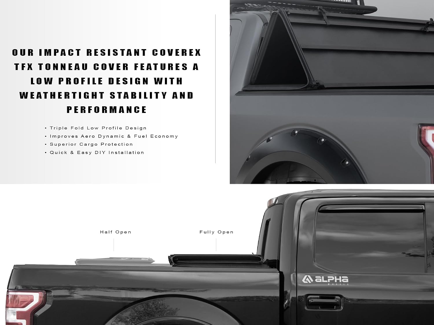 Armordillo CoveRex TF Solid Tri-Fold Tonneau Cover+Diamond Plate Style Rubber Truck Bed Mat|Compatible with 2022-2024 Ford Maverick 4.6 Ft (54.4") Bed|28728154|ABS Vinyl|Truck Bed Cover|Truck Mat