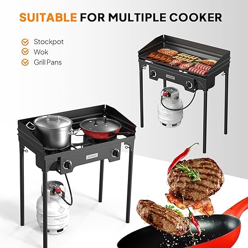 Miniatura 10 de ROVSUN Estufa de gas propano para exteriores de 2 quemadores con regulador, panel de viento, bolsa y estantes laterales, potente olla de pie de