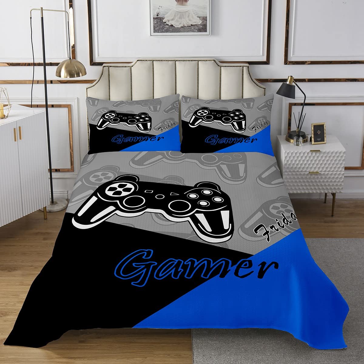 Gaming Bedding Set for Teens Boys Blue and Black Gamer Bedspread Video Gamepad Home Decor Game Controller Quilt Sets Kids (Single,Grey Blue) Toddler 2 Pieces 1 Coverlet Set including 1 Pillowcases - Image 2