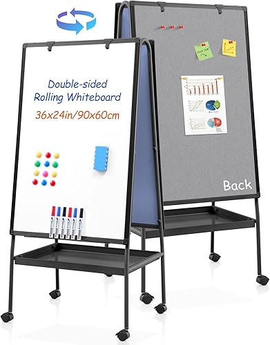 Miniatura 11 de MAKELLO Pizarra blanca rodante con ruedas 60x48 pulgadas, pizarra grande de borrado en seco con soporte, pizarra blanca magnética de doble cara para