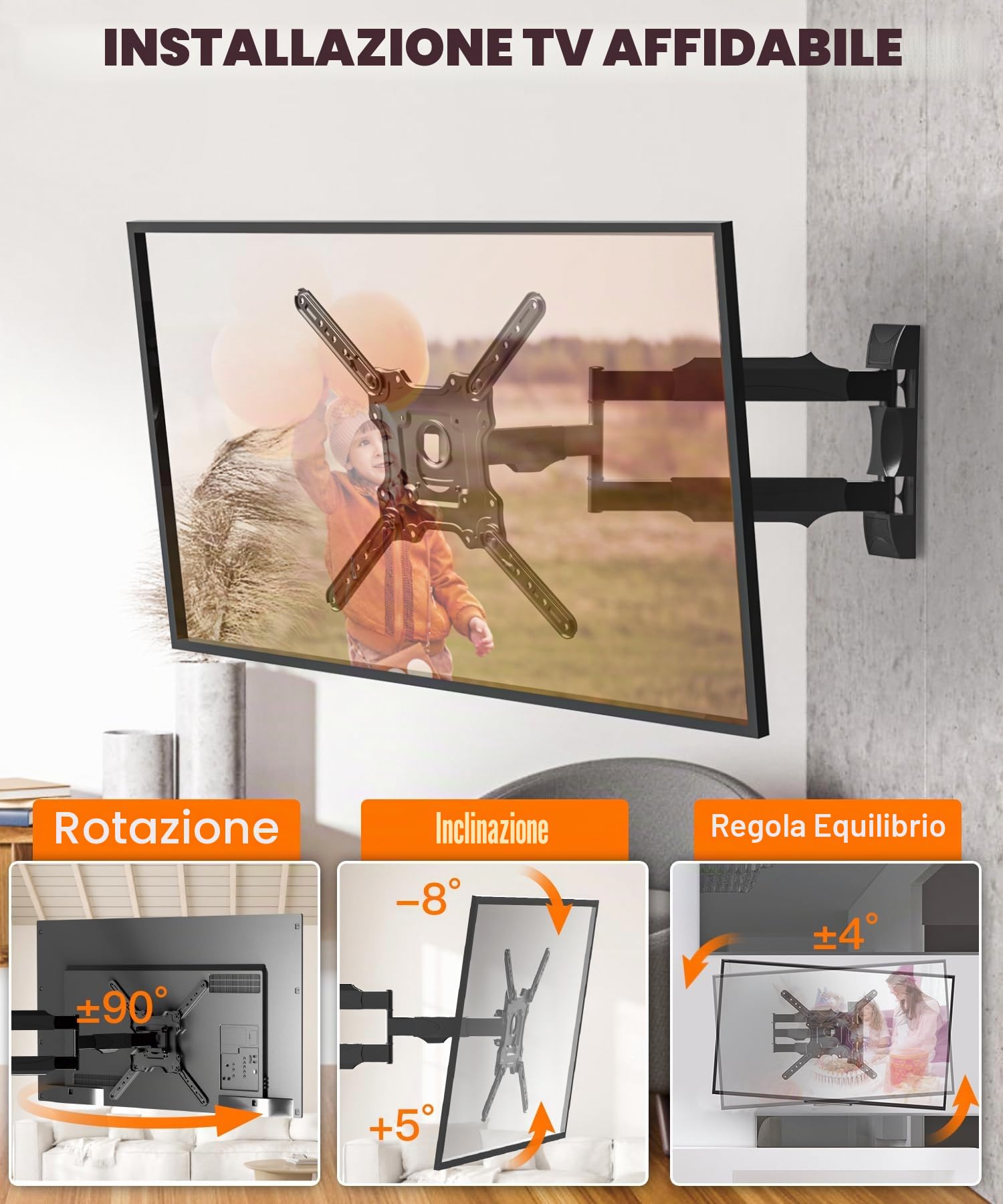 Supporto TV da Parete con Braccio Extra Lungo 720mm - Staffa per TV da 32 a 55 Pollici, Staffa Porta TV a Muro Regolabile,VESA 400 x 400 mm e Carico Massimo 35 Kg | Staffa Porta TV a Muro Regolabile,VESA 400 x 400 mm e Carico Massimo 35 Kg