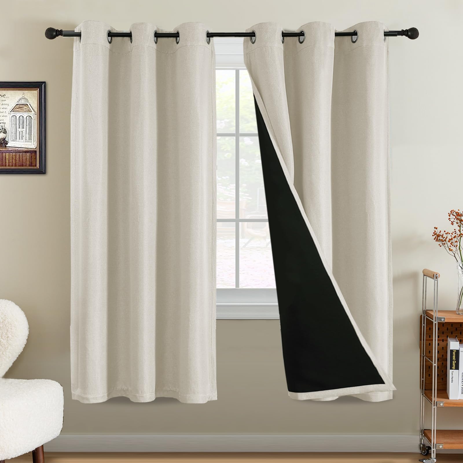 Bellahills Heather Sand 100% Blackout Curtains For Bedroom Thermal Faux Linen Curtain For Living Room Burlap Textured Eyelet Curtains & Drapes, 2 Panels, 46 X 72 Inch,