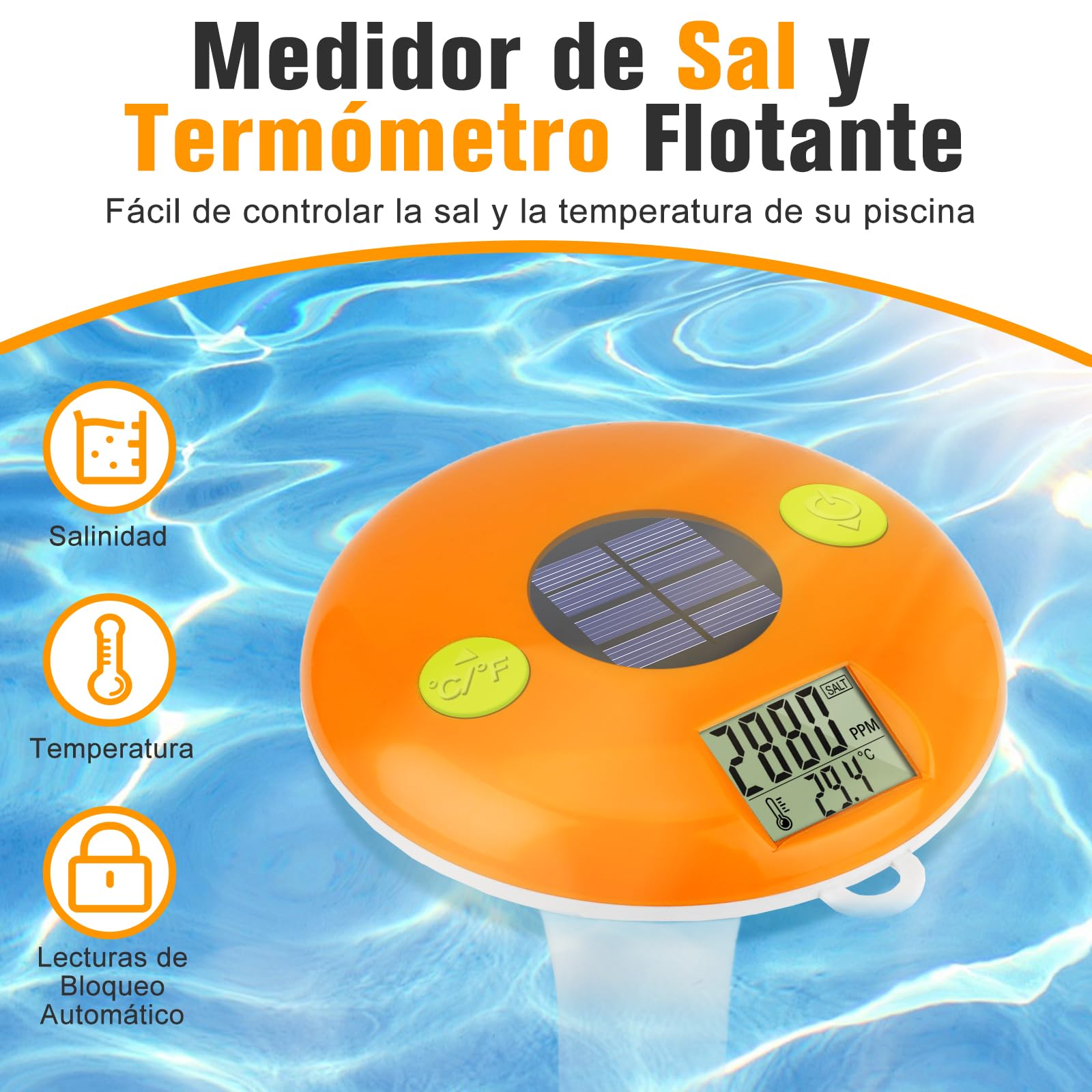 UIUZMAR Medidor de Sal Solar y Termómetro Flotante para Piscinas, Comprobador Digital de Salinidad y Temperatura para Agua Salada, Jacuzzis, Spas y Estanques