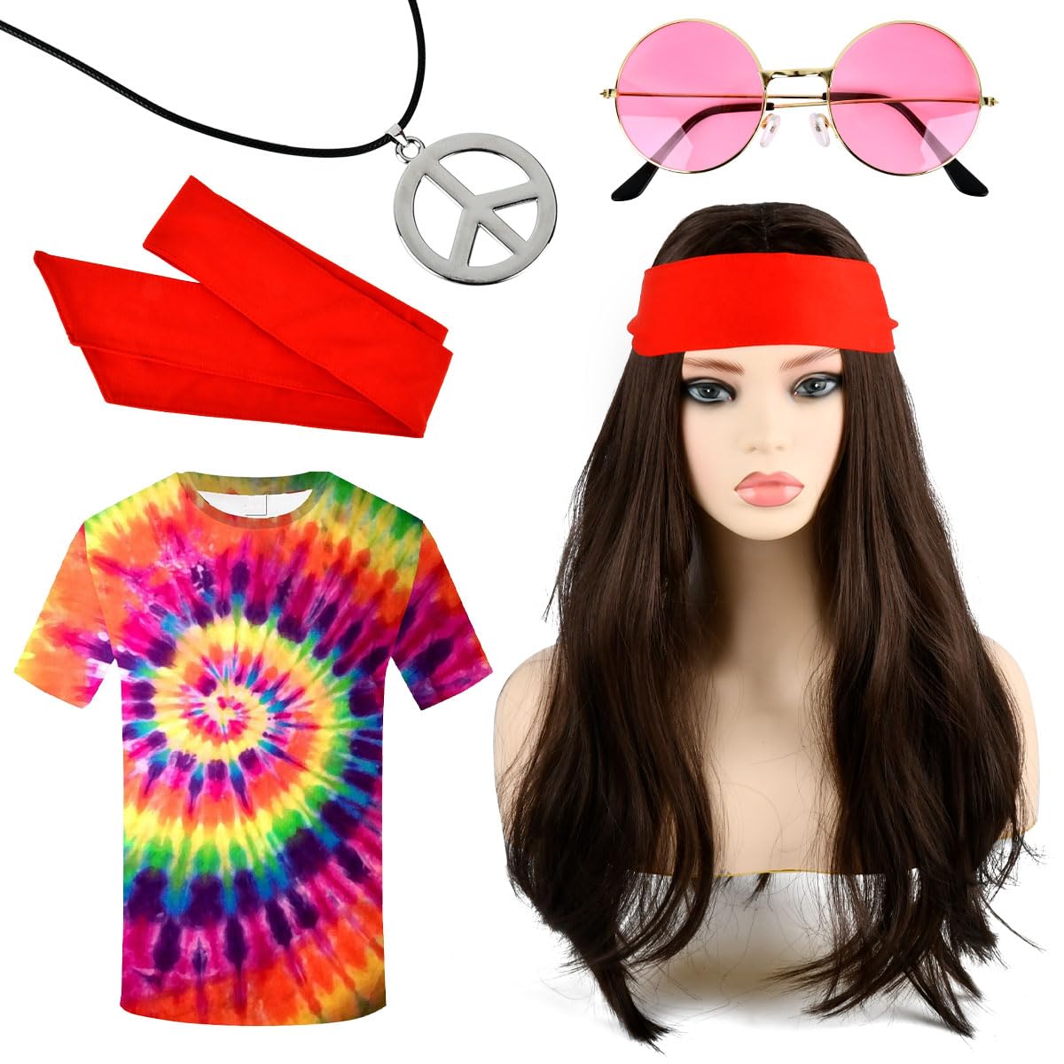 Disfraz Hippie Set TIMESETL 5Pzs Hippie Disfraz Kit Disfraz Hippie Años 70 Hippie Traje Conjunto Peluca Gafas Collar Diadema Disfraz Hippie Hombre Mujer Disfraces Hippie para Fiesta, Cosplay, Carnaval