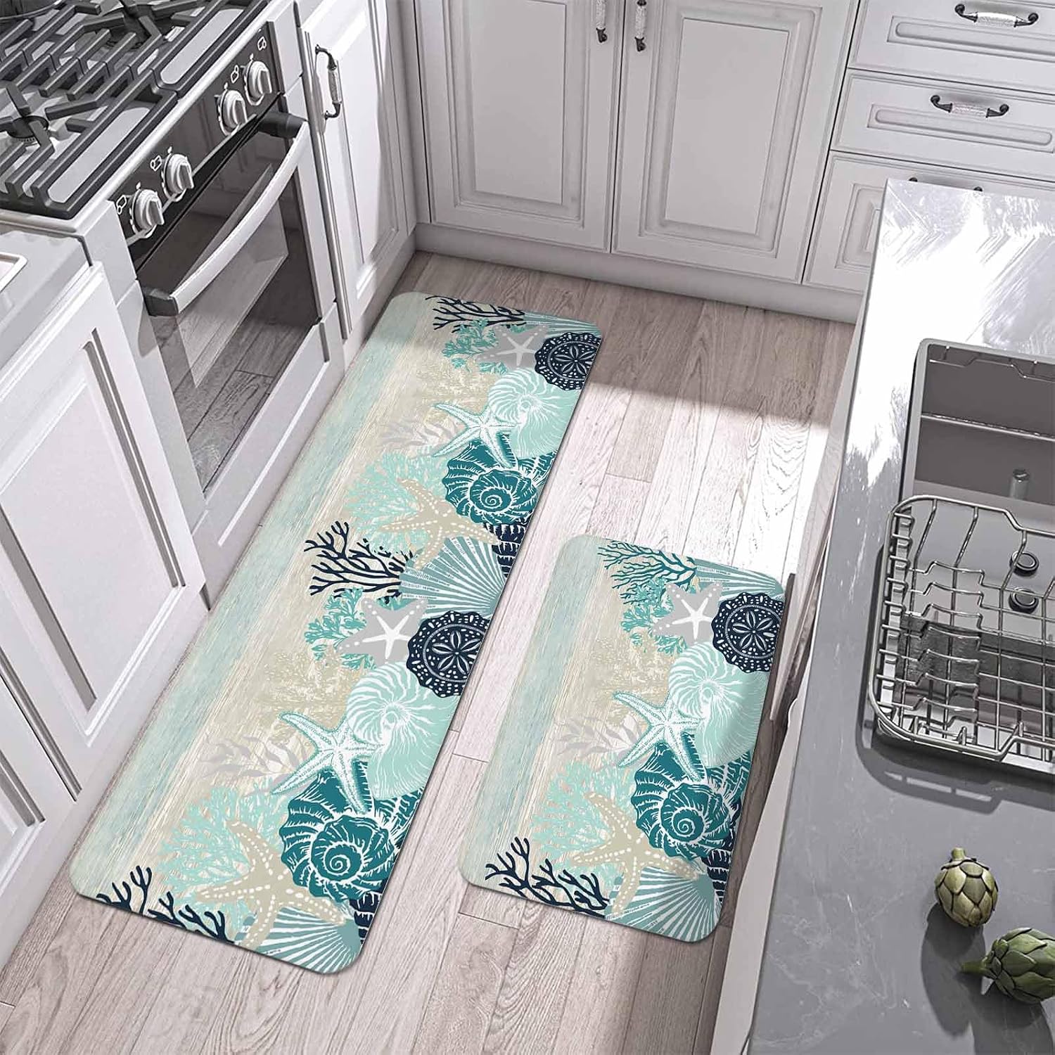 Summer Marine Life Kitchen Mats Set of 2 Ocean Teal Coral Coastal Starfish Blue Conch Retro Non Slip Mat Washable Floor Rug for Kitchen Sink Floor Laundry, 20"x24"+20"x48"